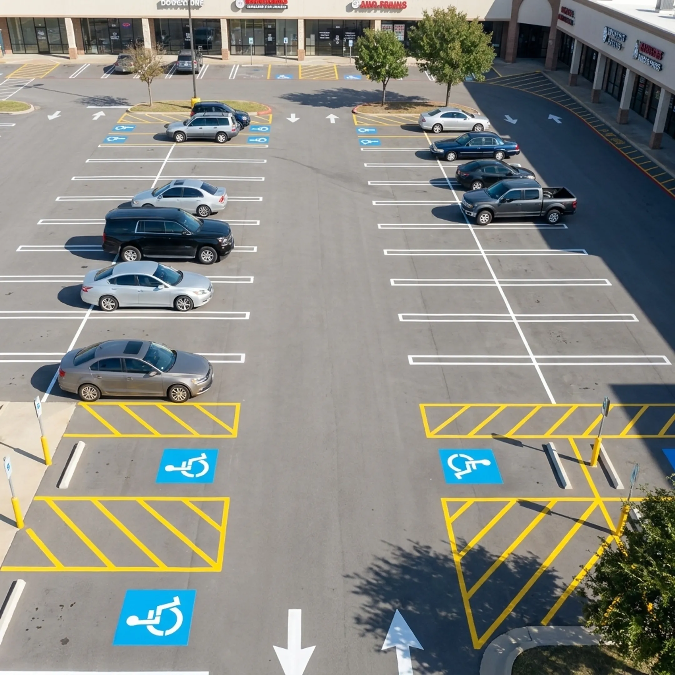 Freshly striped commercial parking lot