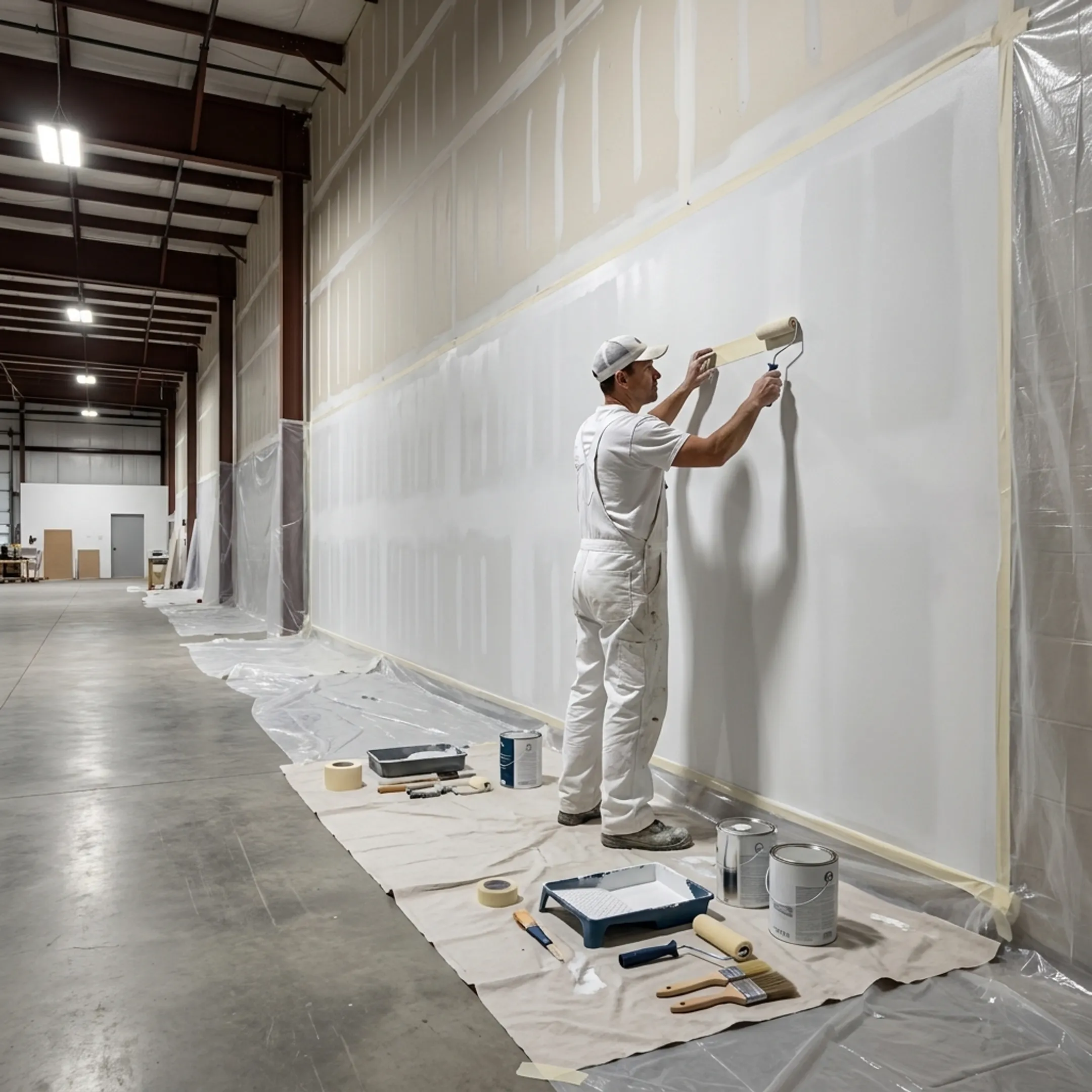 Commercial painter preparing an industrial wall