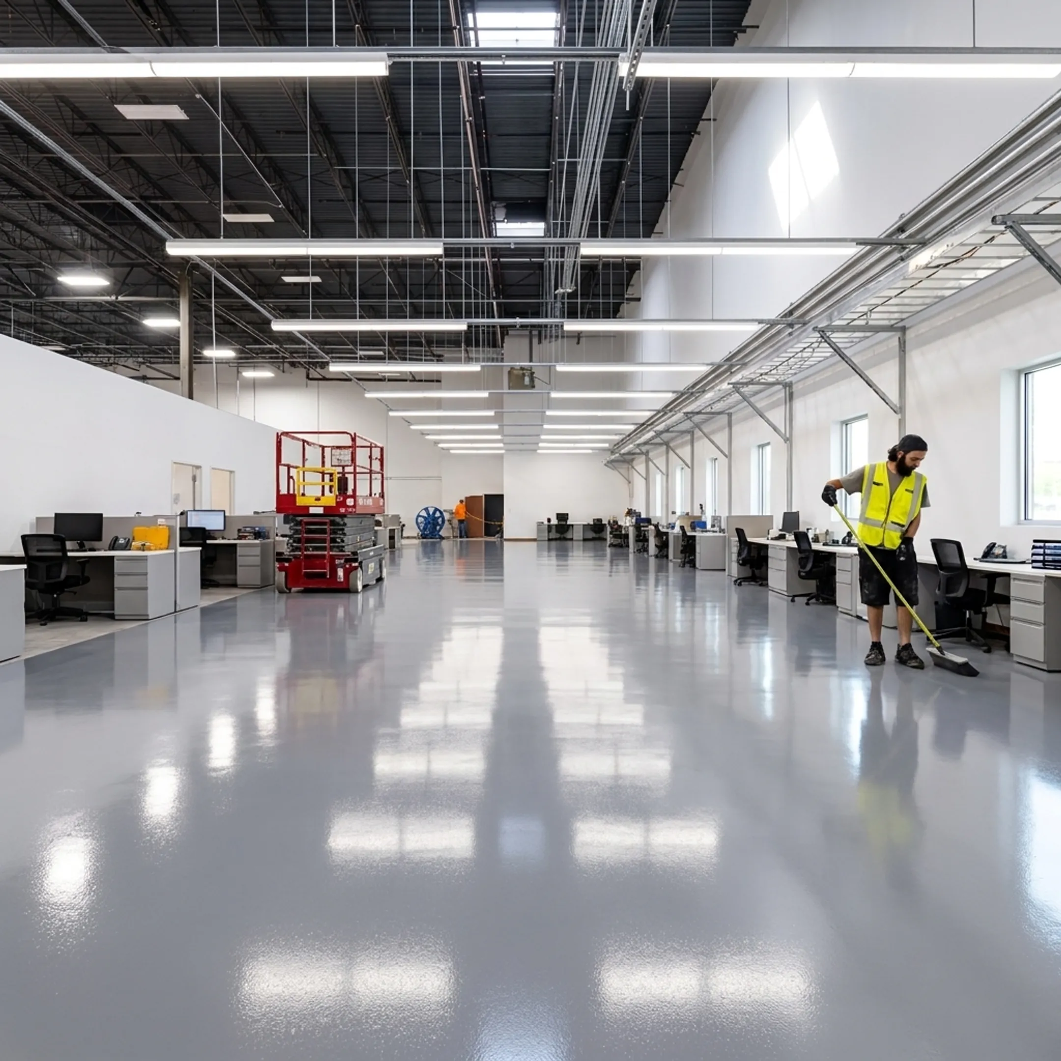 Finished epoxy floor in a commercial workspace