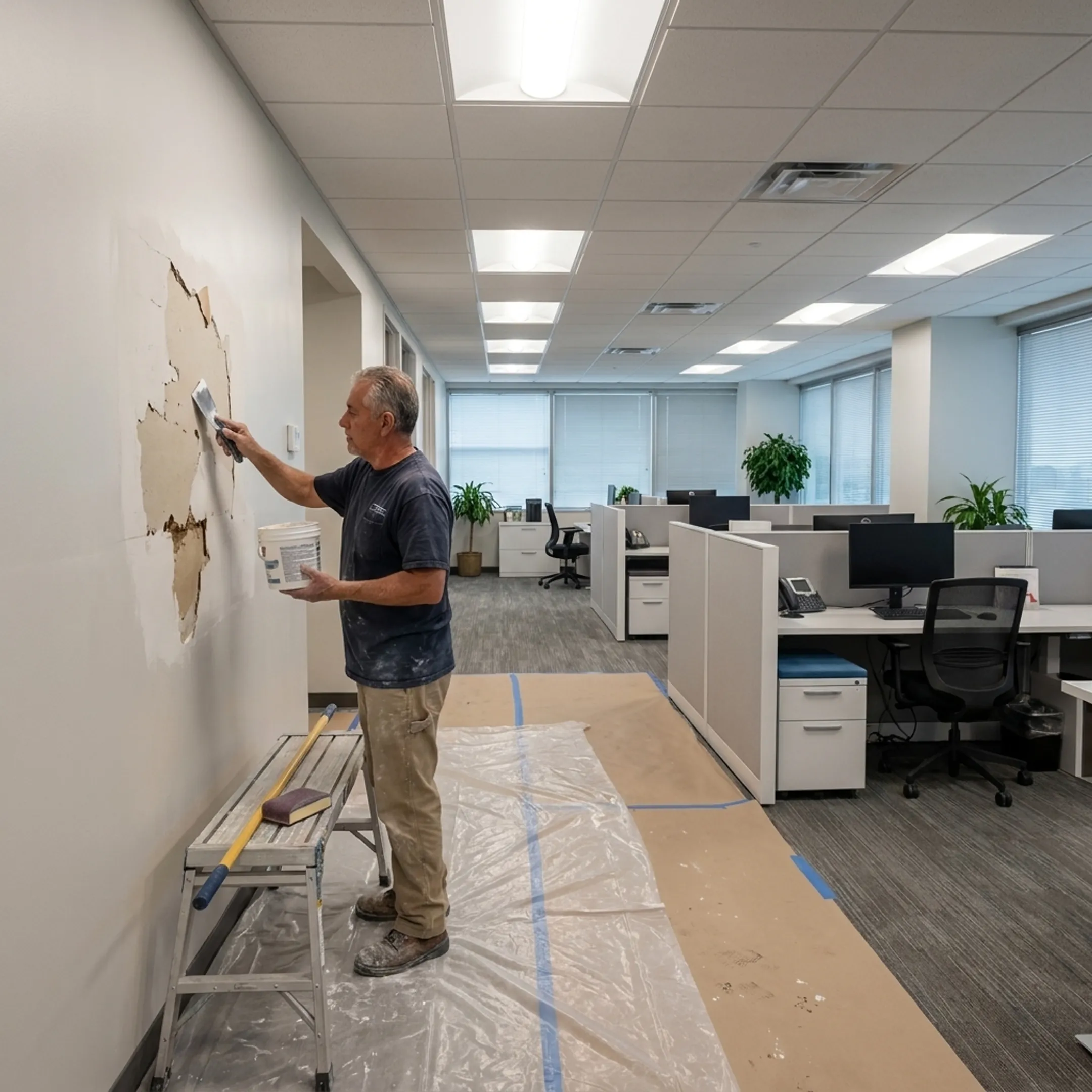Commercial drywall repair underway in an office