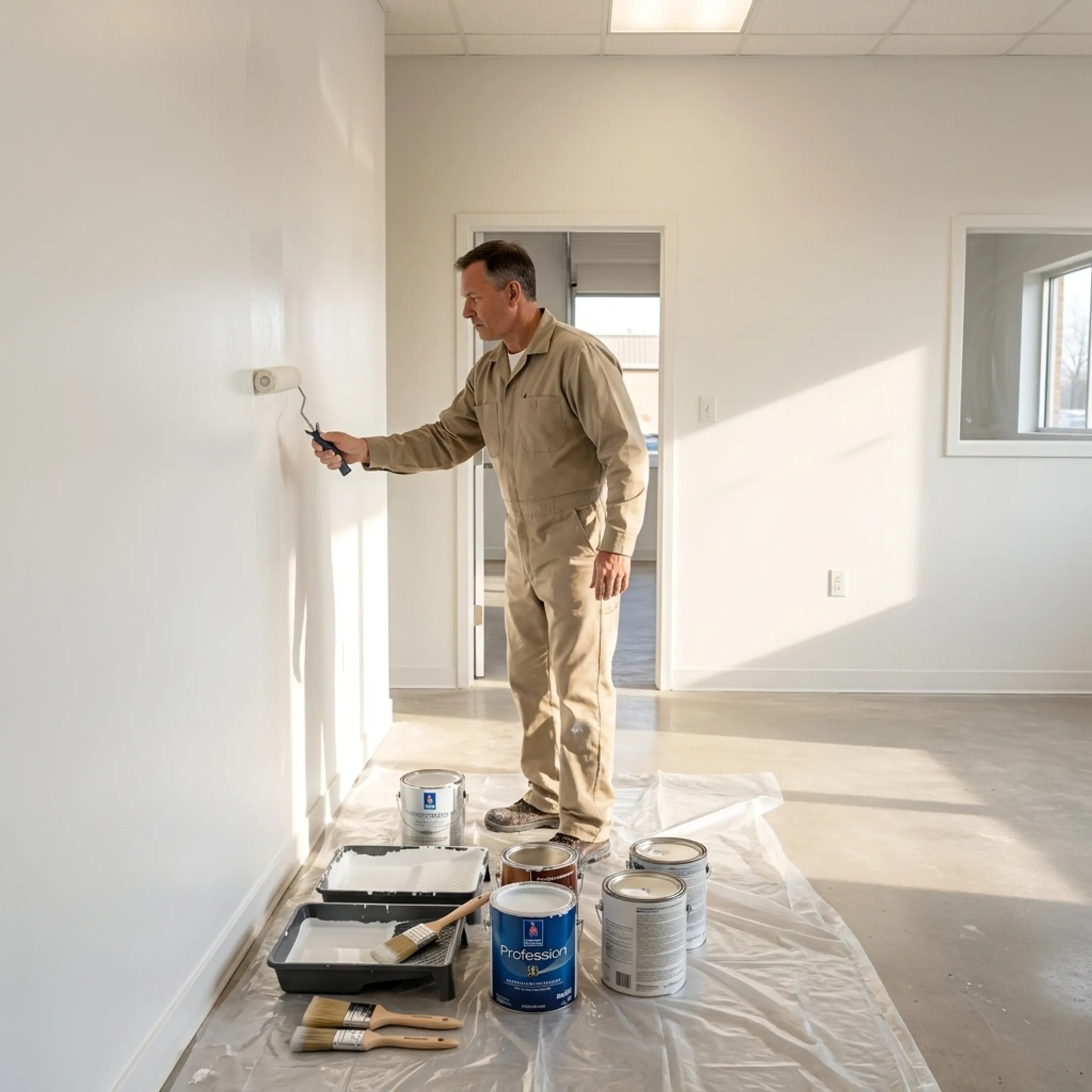 Painter preparing a commercial office wall