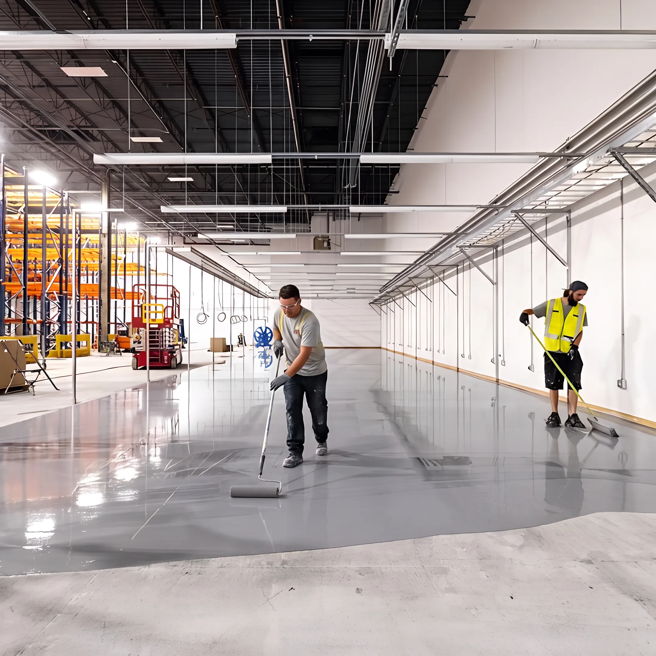 Contractor applying protective coating to warehouse floor