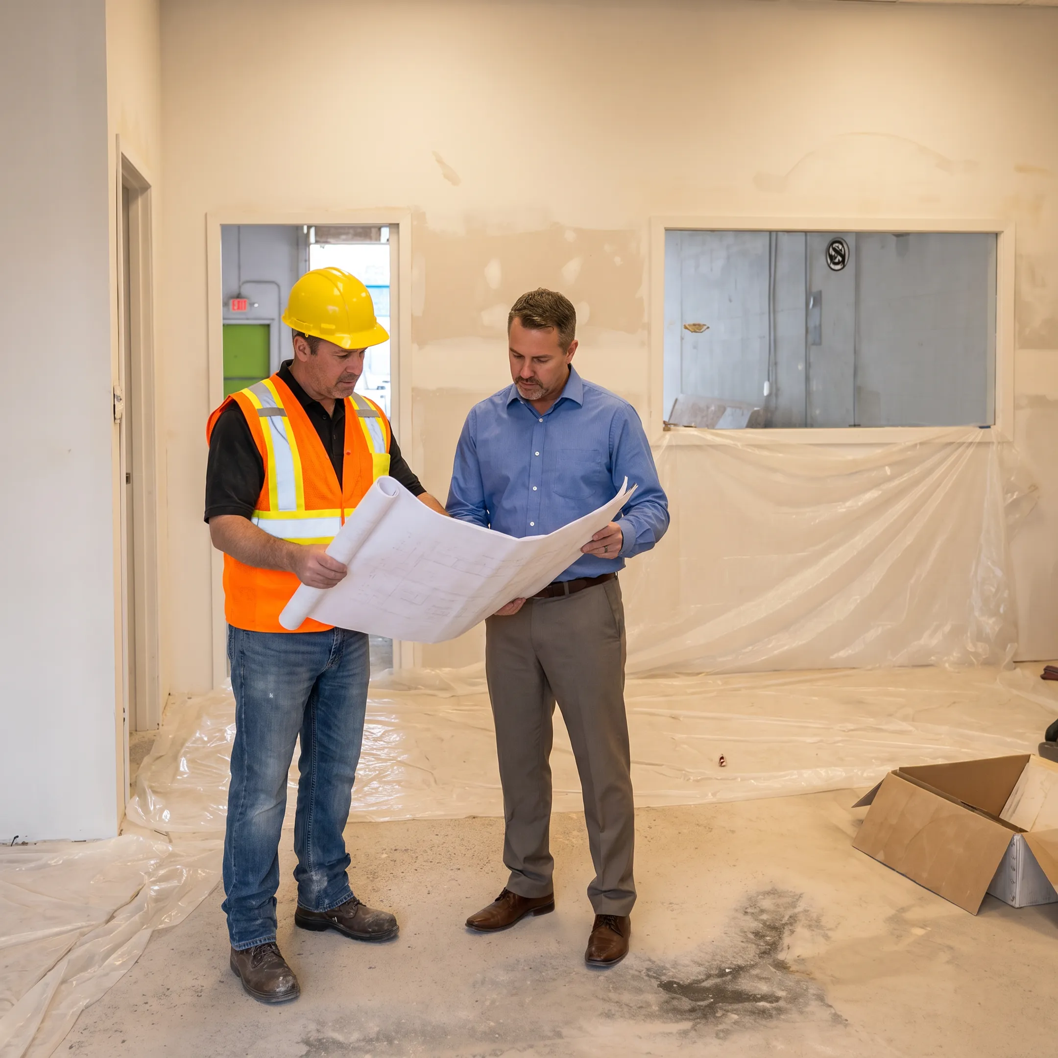 Commercial contractor reviewing plans at a business property