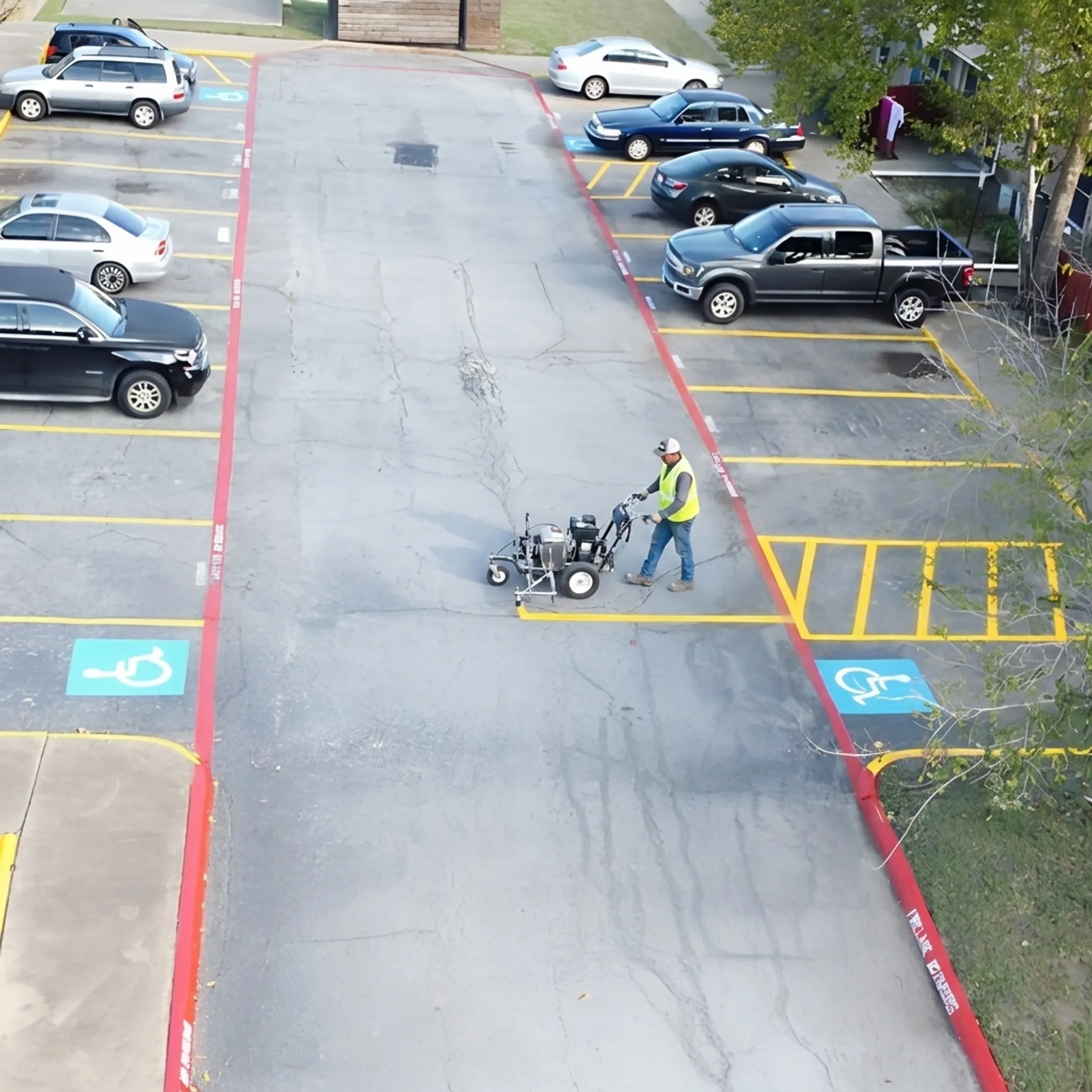 Crew applying parking lot striping paint