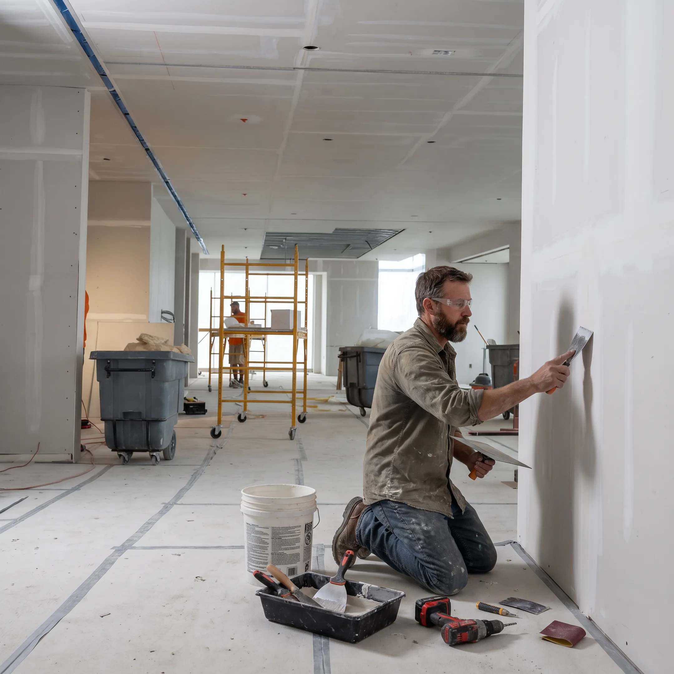 Contractor repairing drywall in a commercial interior