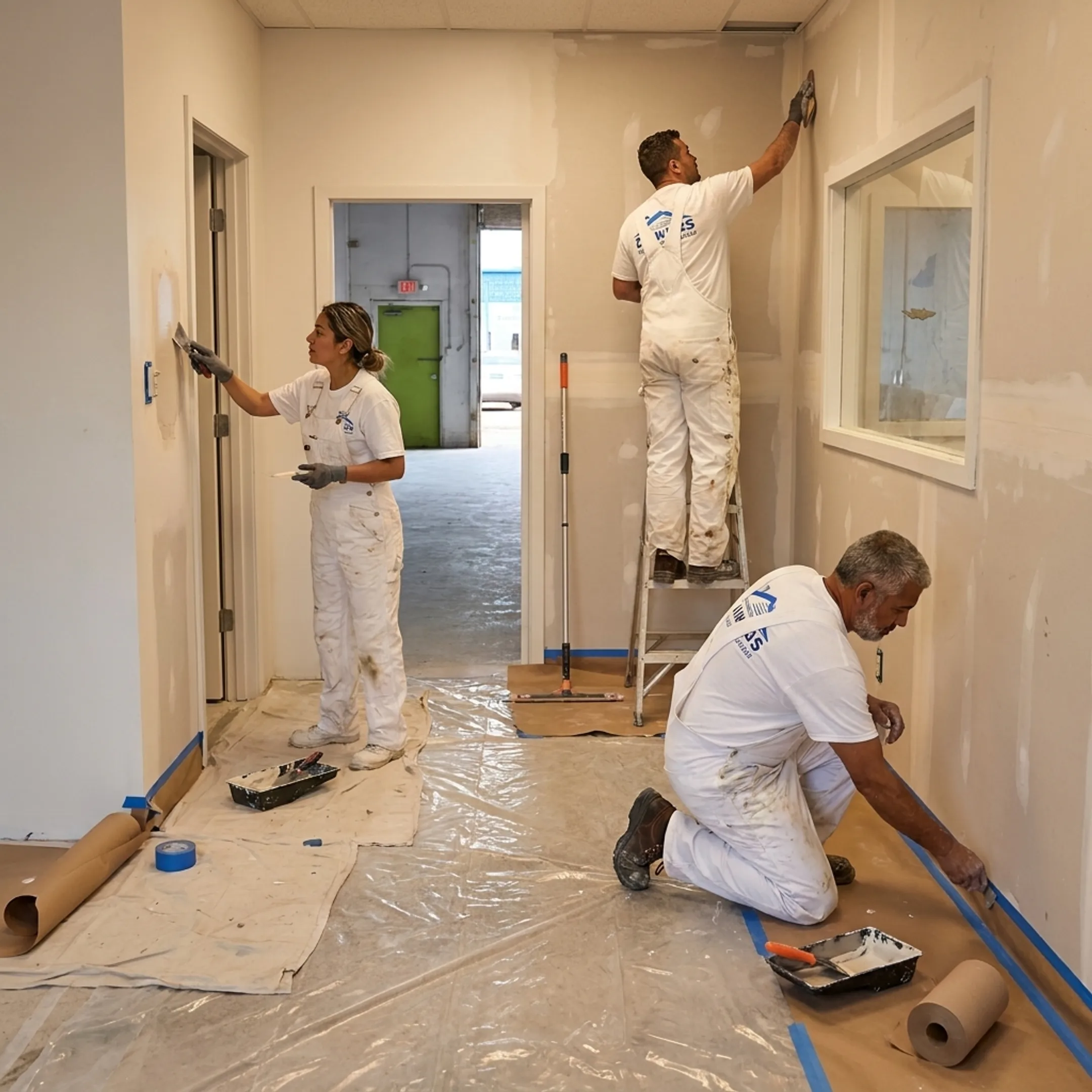 Commercial painting team preparing an interior wall