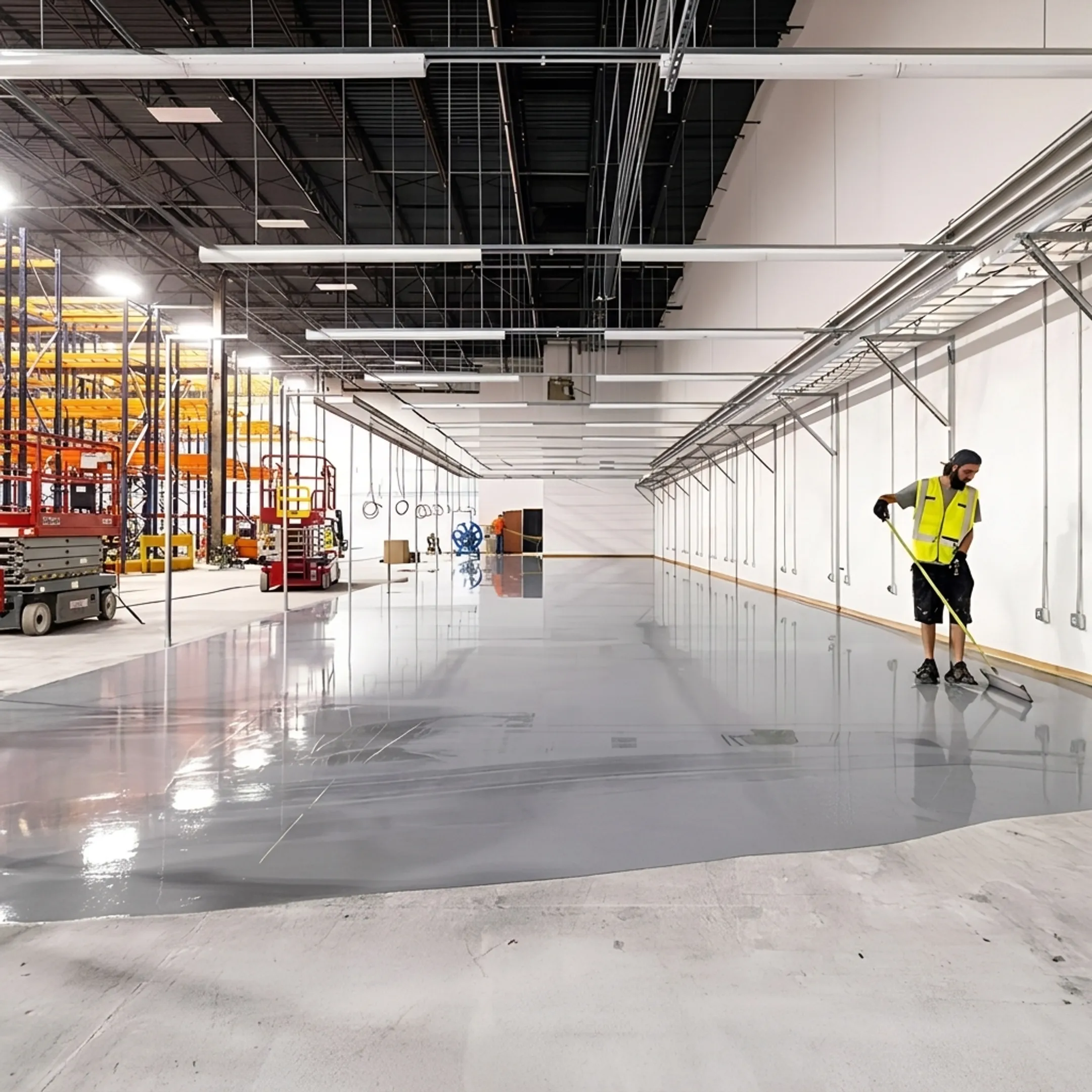 Fresh epoxy coating on a commercial concrete floor