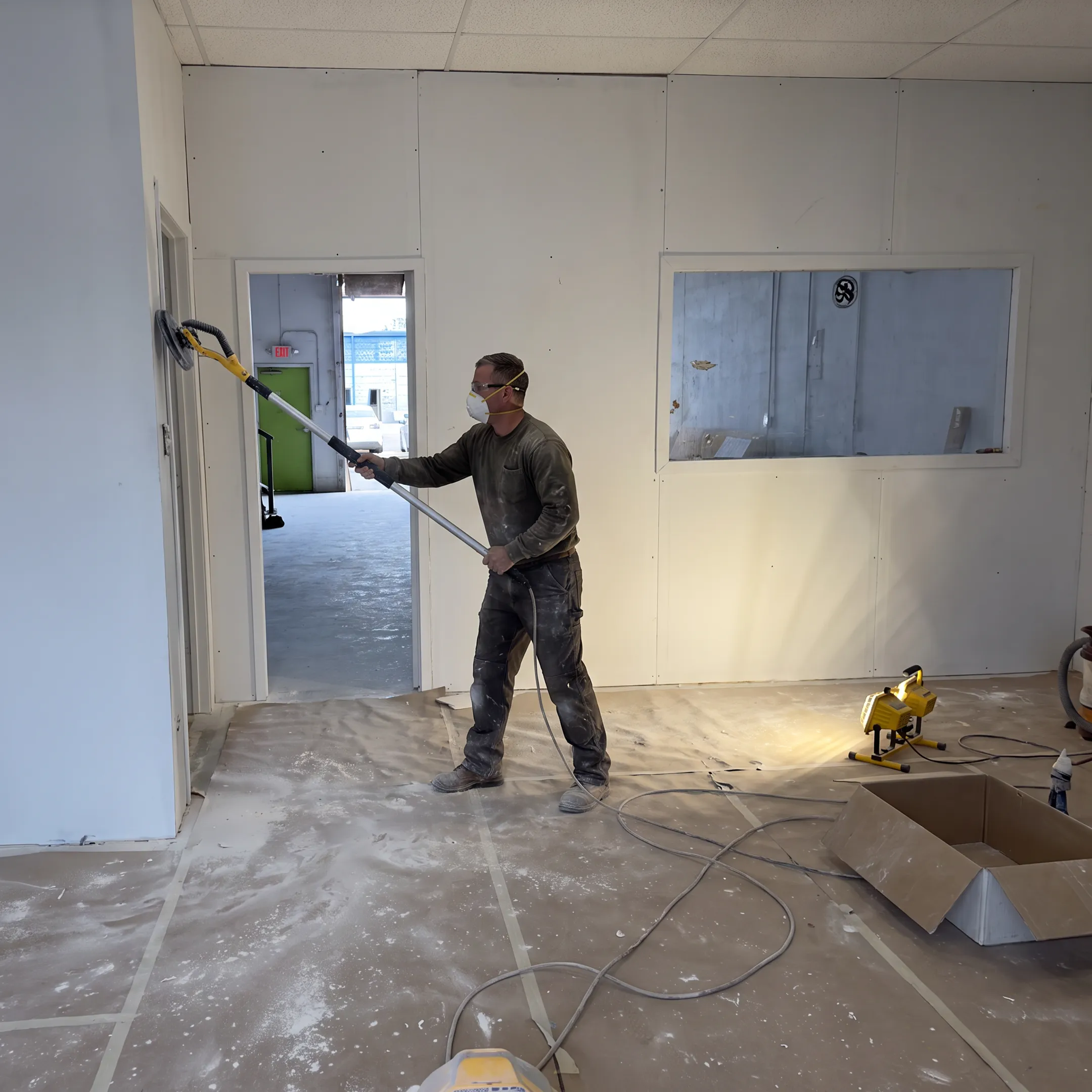 Commercial contractor finishing drywall in an office
