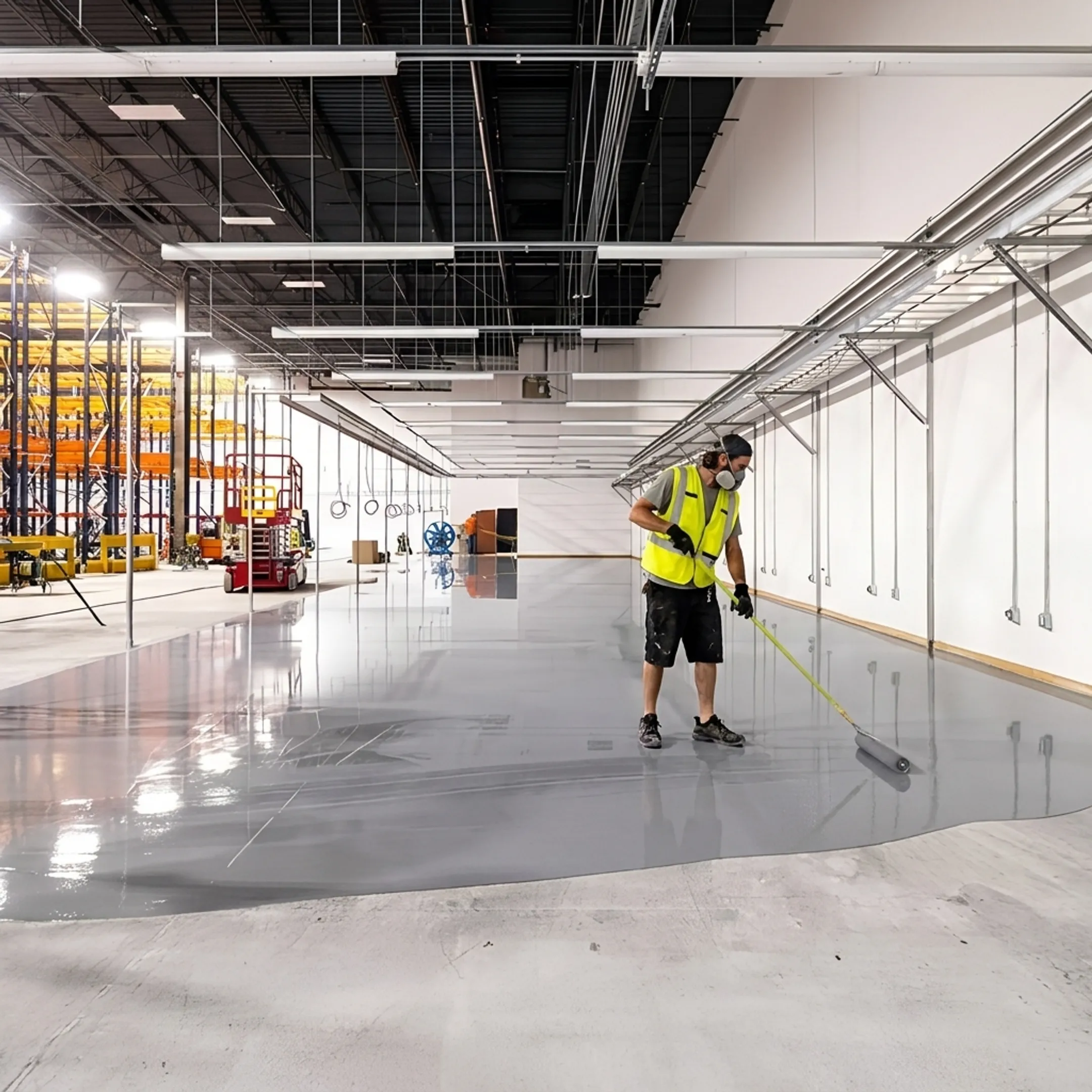 Contractor applying epoxy to a commercial floor