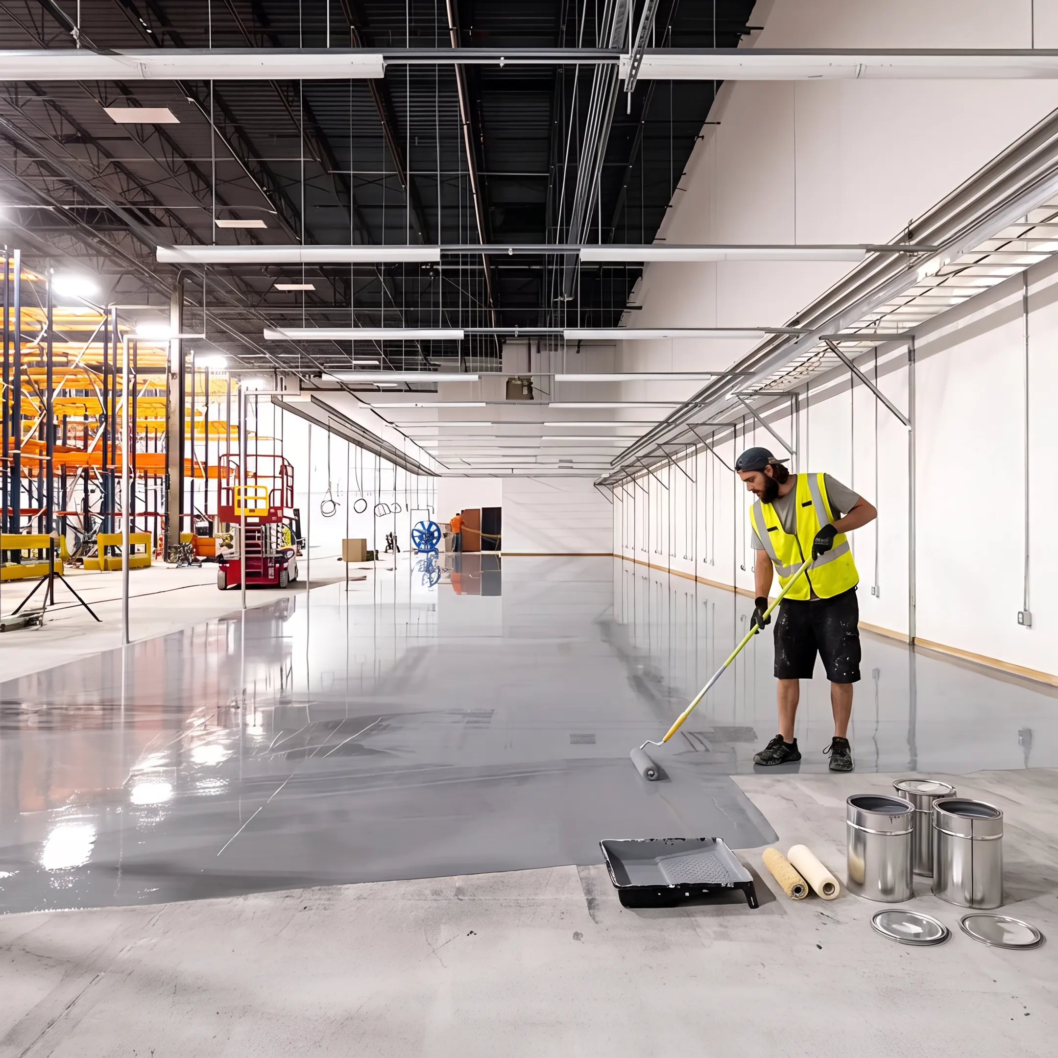 Contractor applying a commercial concrete floor coating