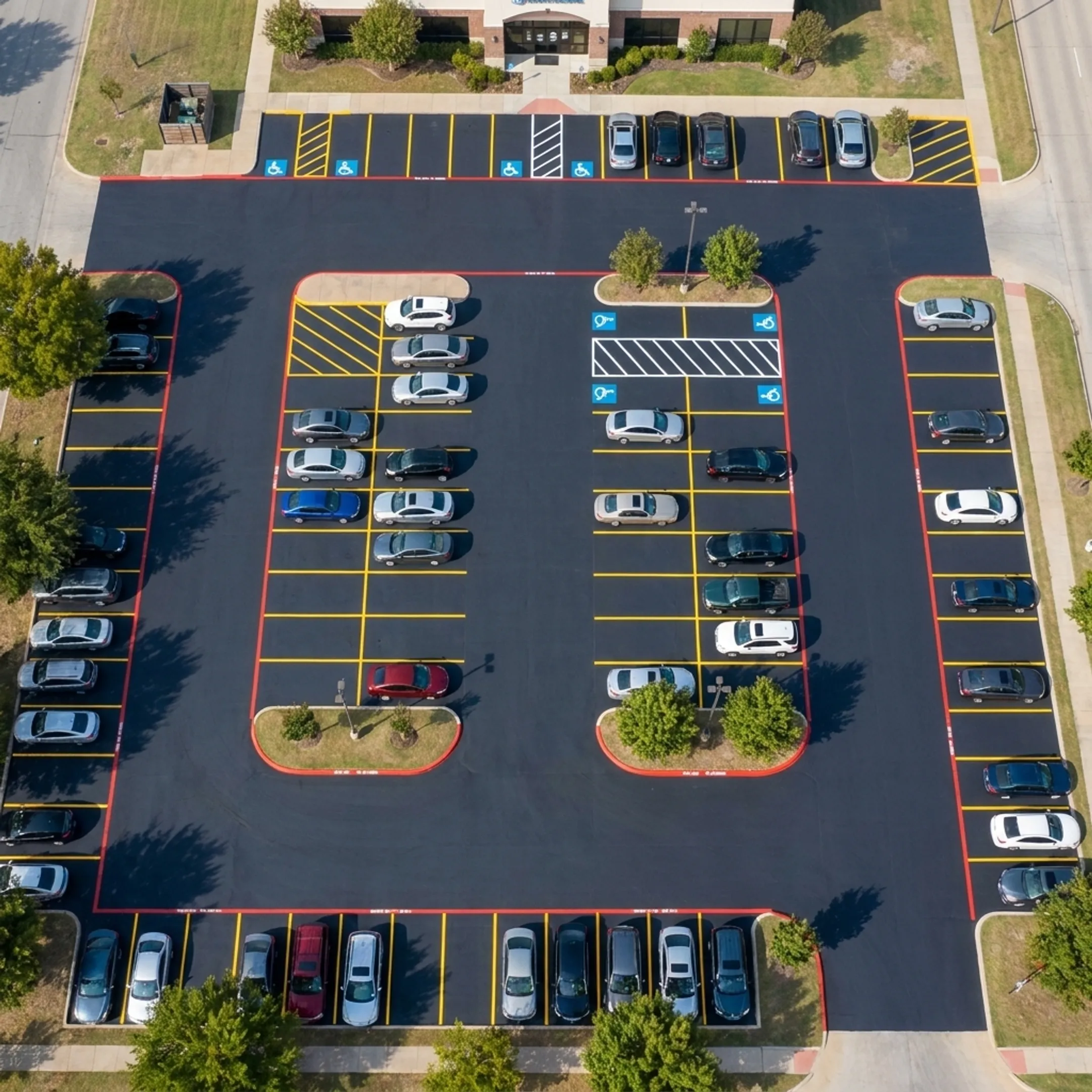 Freshly sealed commercial asphalt parking lot