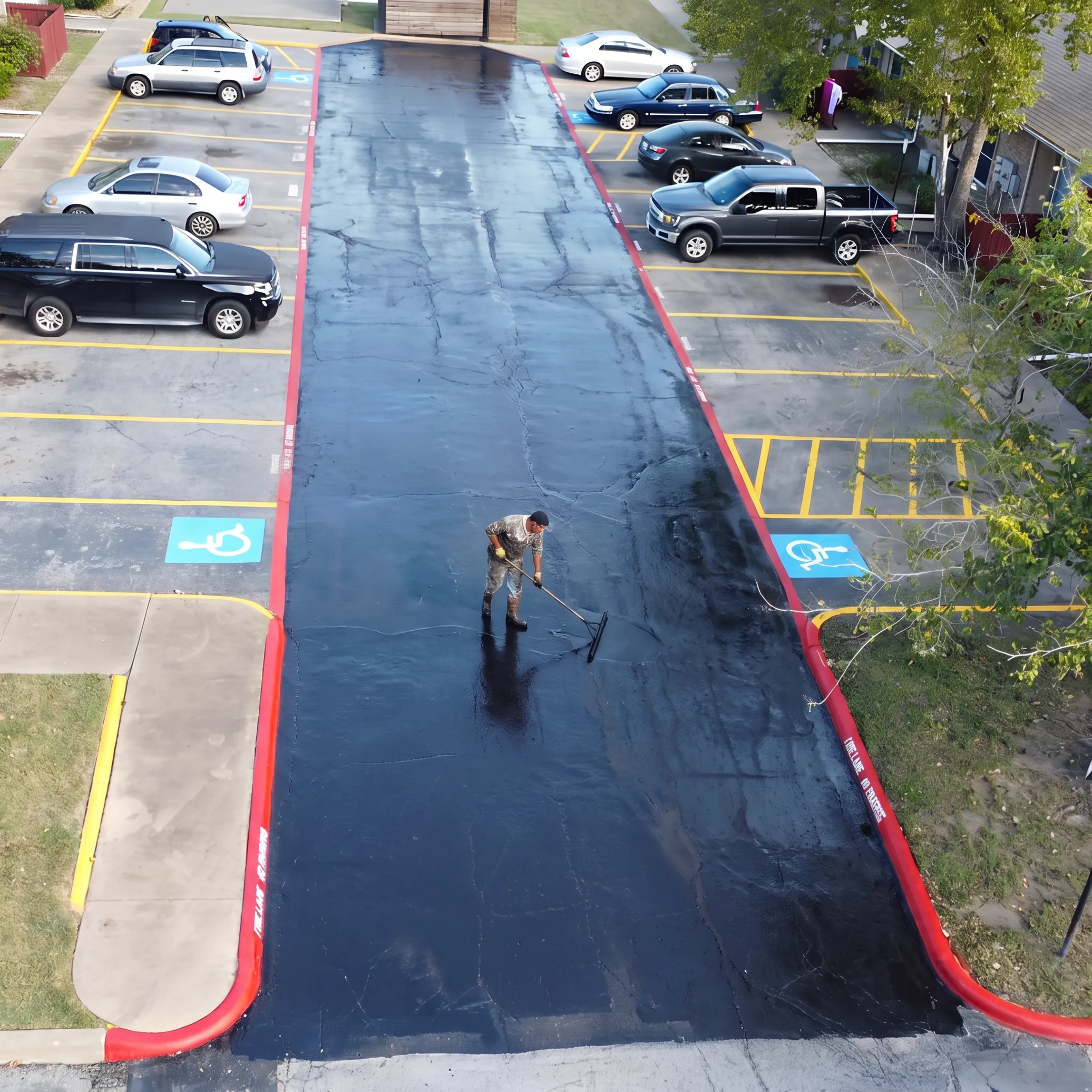 Commercial parking lot receiving fresh seal coating