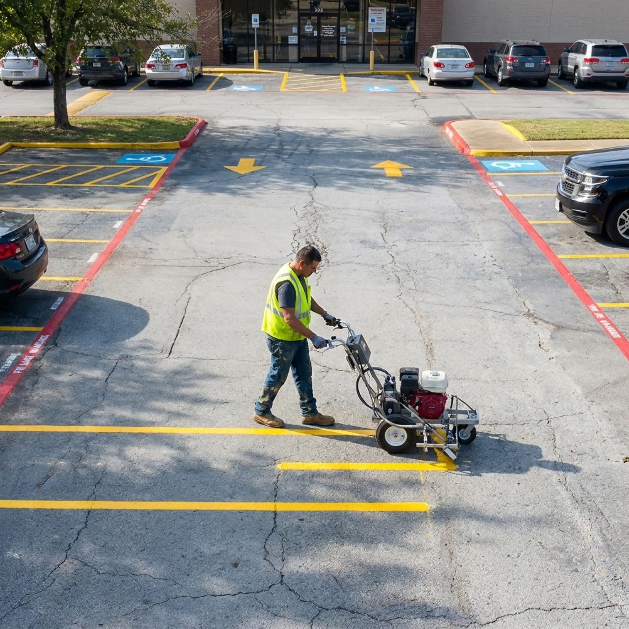 Contractor applying parking lot striping