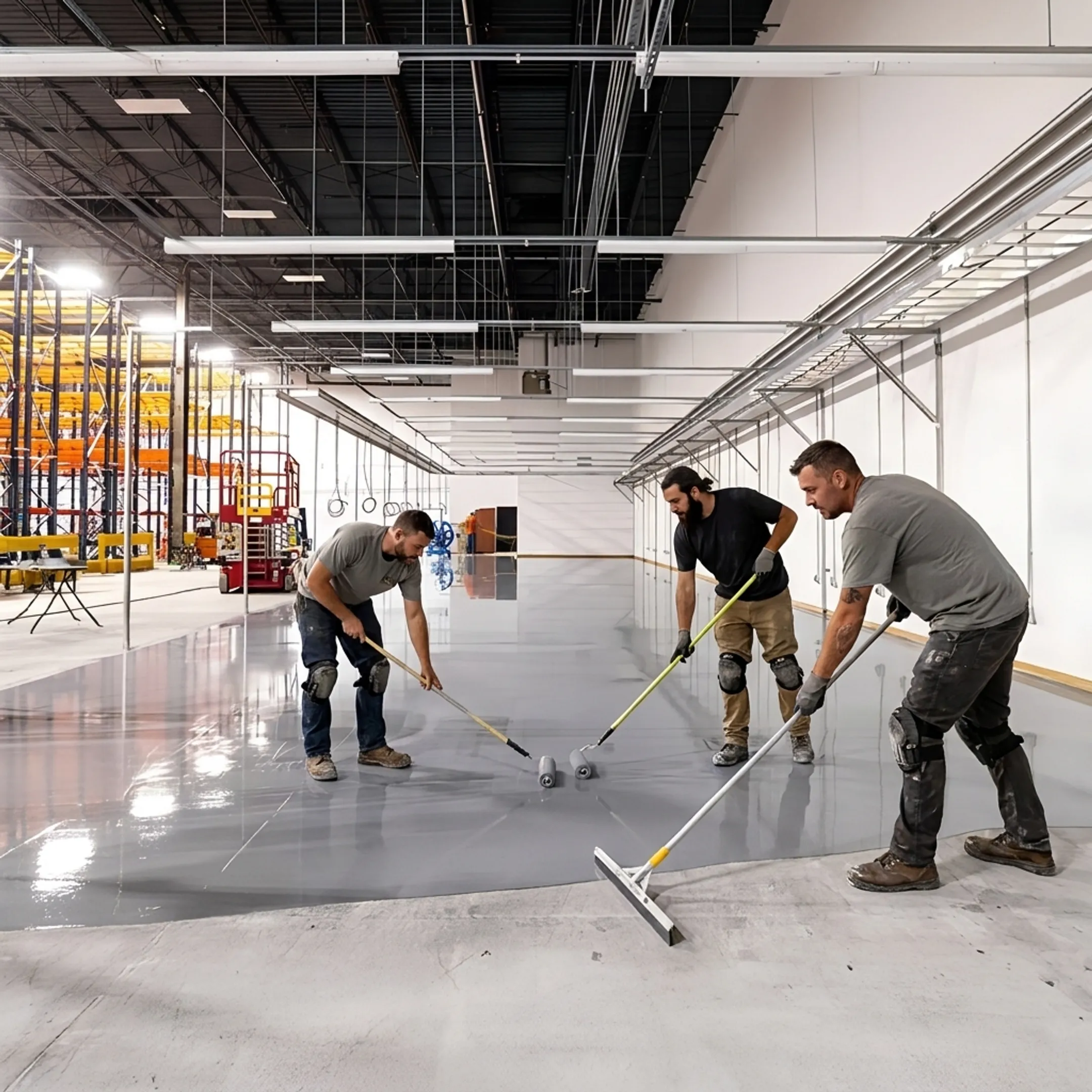 Commercial team applying a floor coating