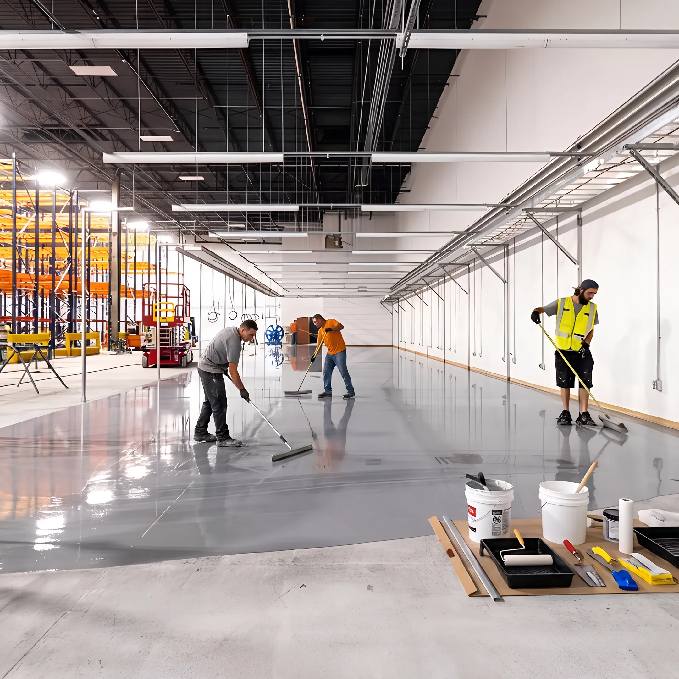 Glossy epoxy floor in a commercial workspace