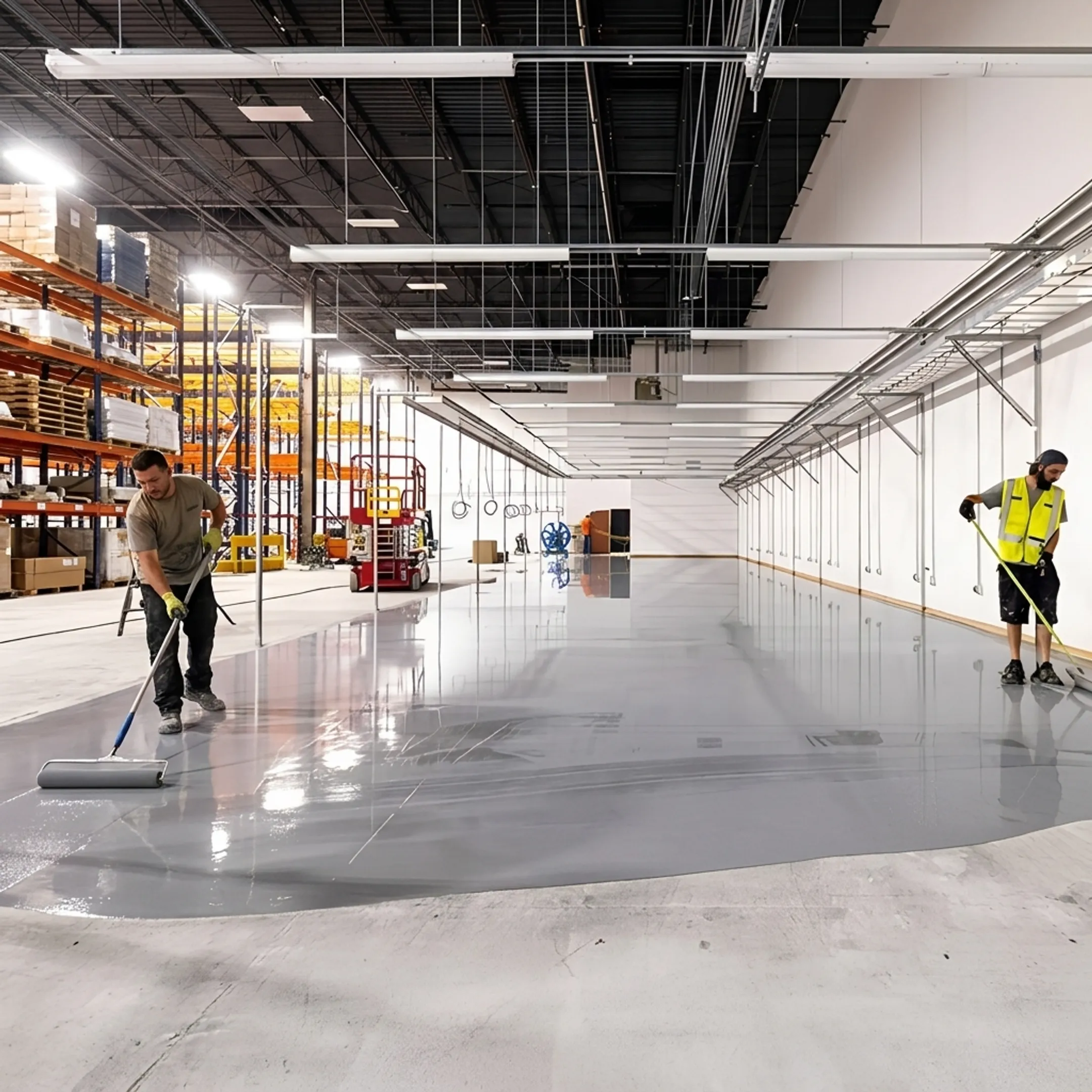 Contractor applying protective coating to warehouse concrete