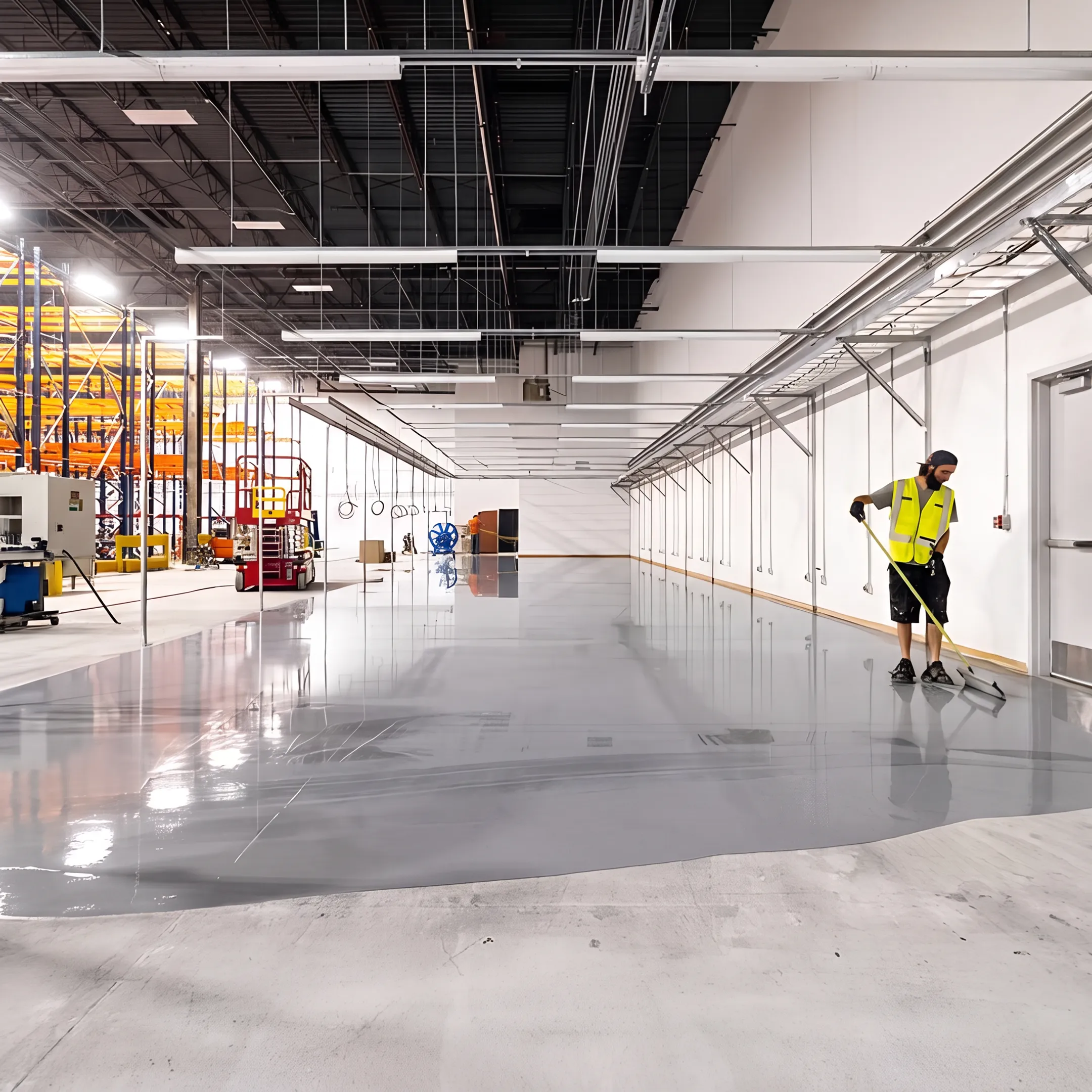 Freshly coated warehouse floor with marked work areas