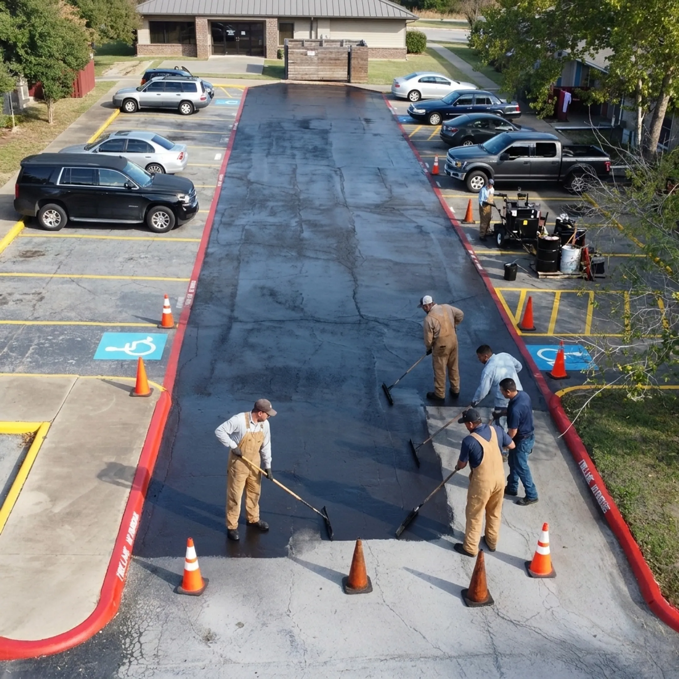 Crew applying seal coat to commercial pavement