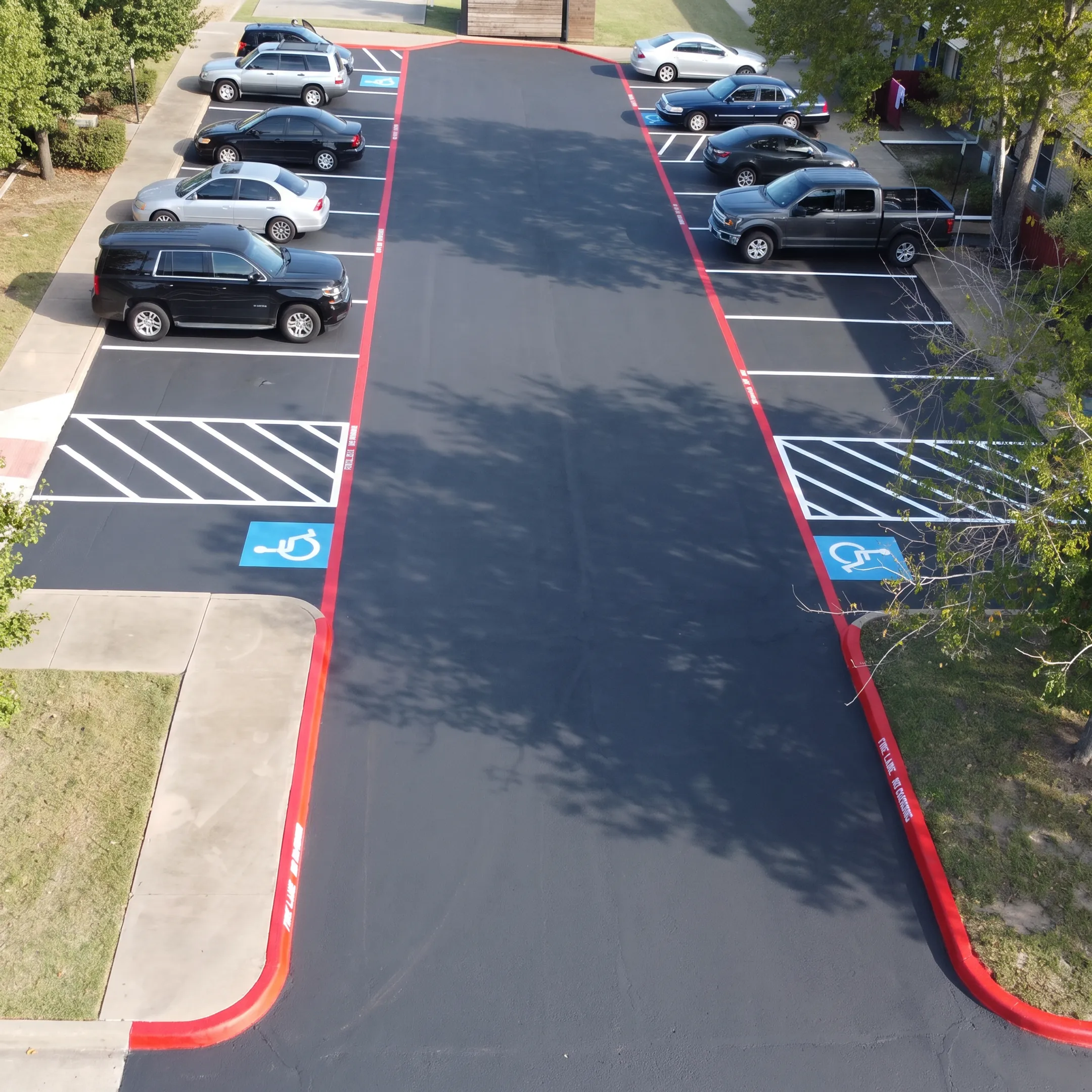 Freshly maintained commercial asphalt parking lot