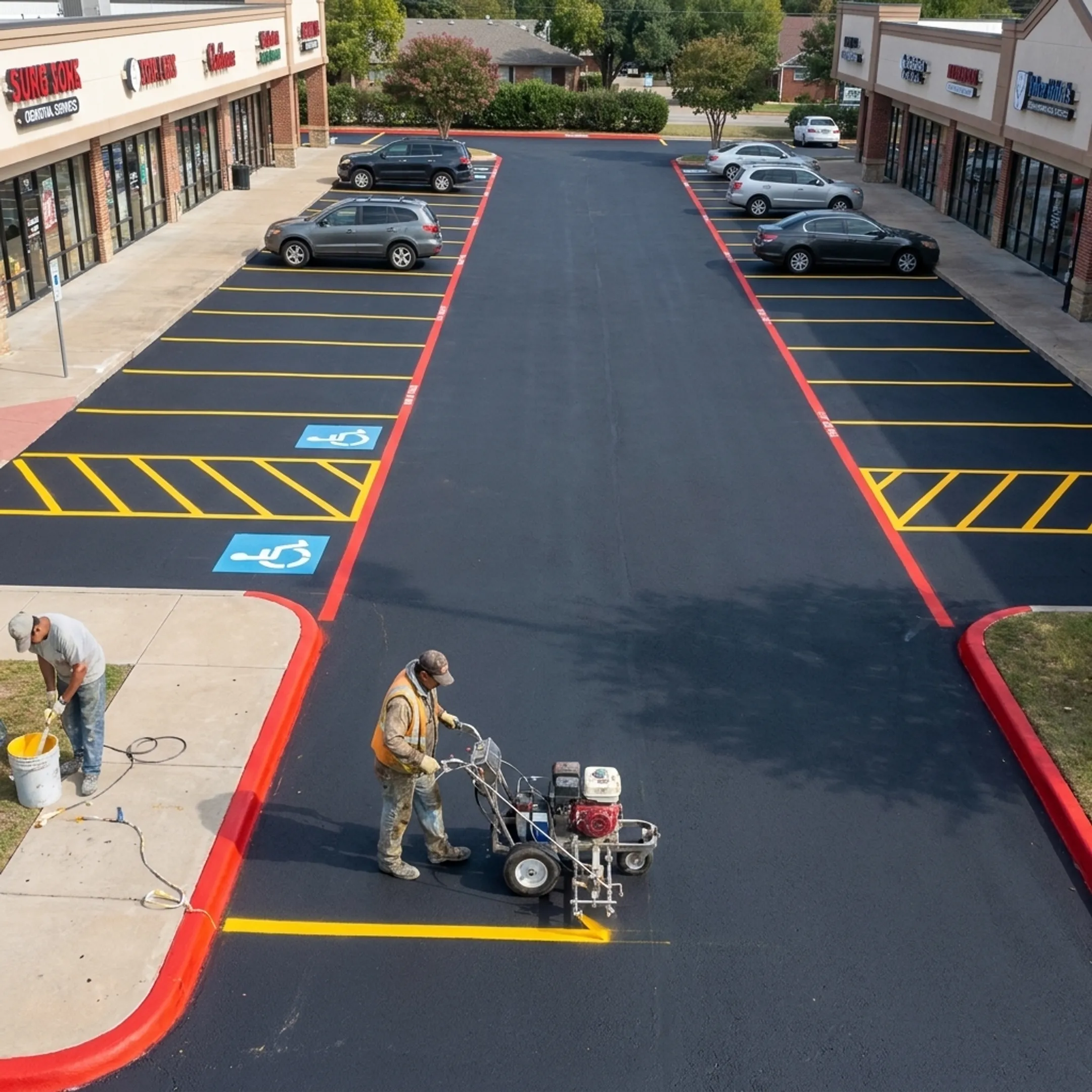 Crew applying fresh parking lot striping