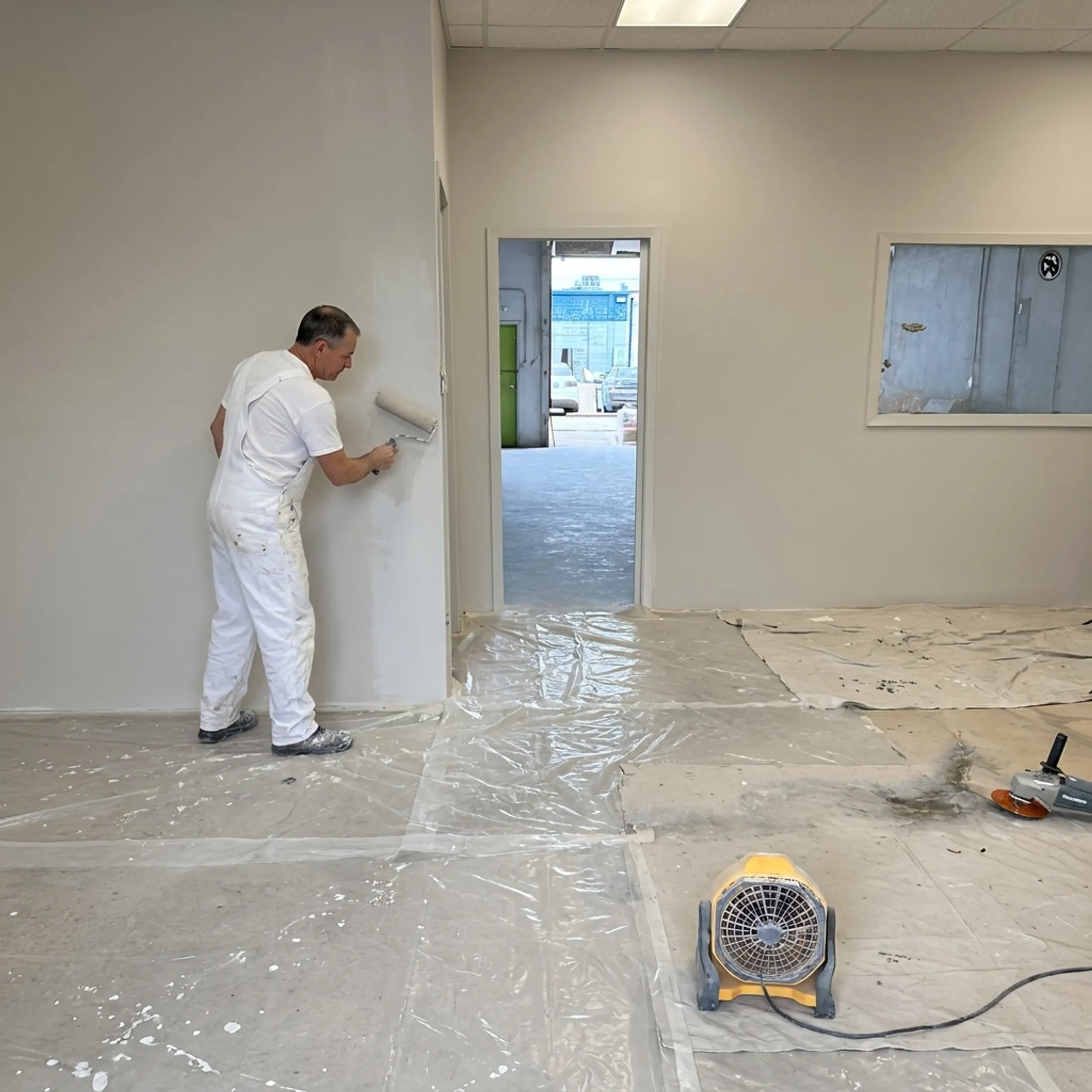 Painter finishing a commercial office wall