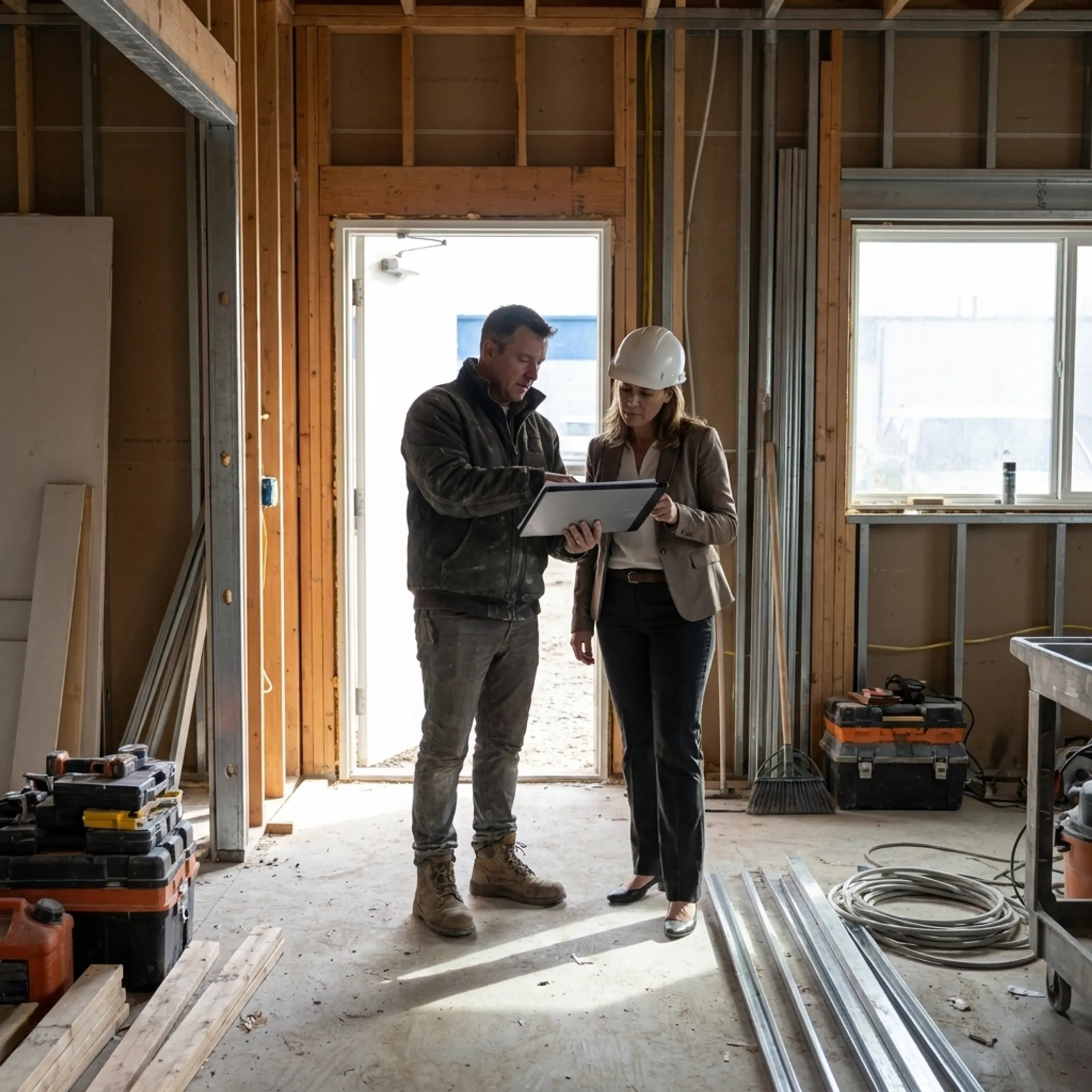 Contractor reviewing plans in a commercial space