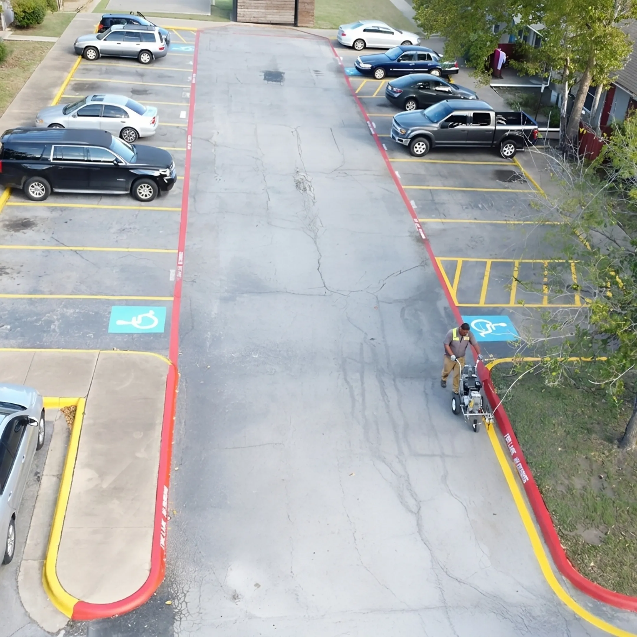 Crew applying parking lot striping paint