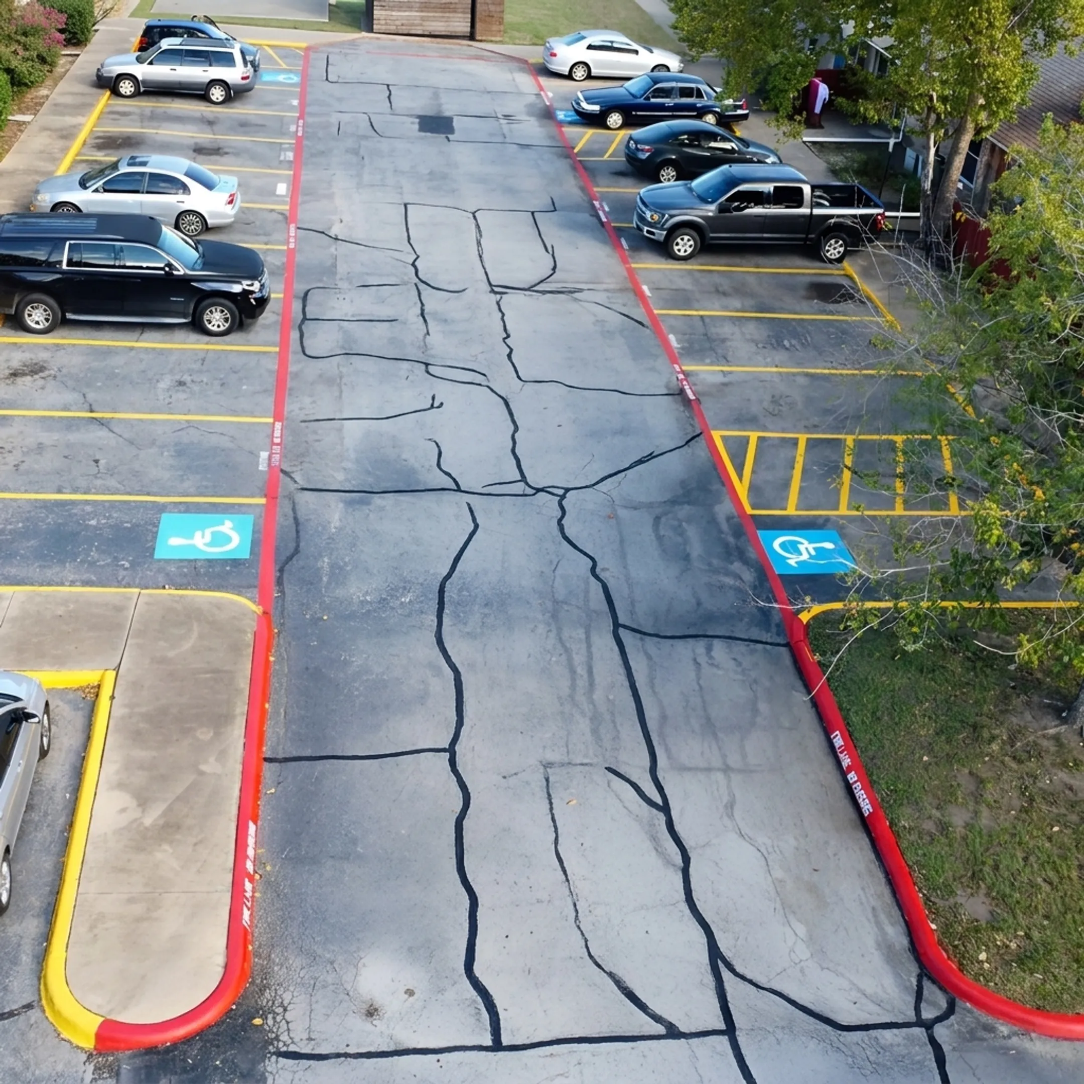 Freshly repaired commercial asphalt parking lot