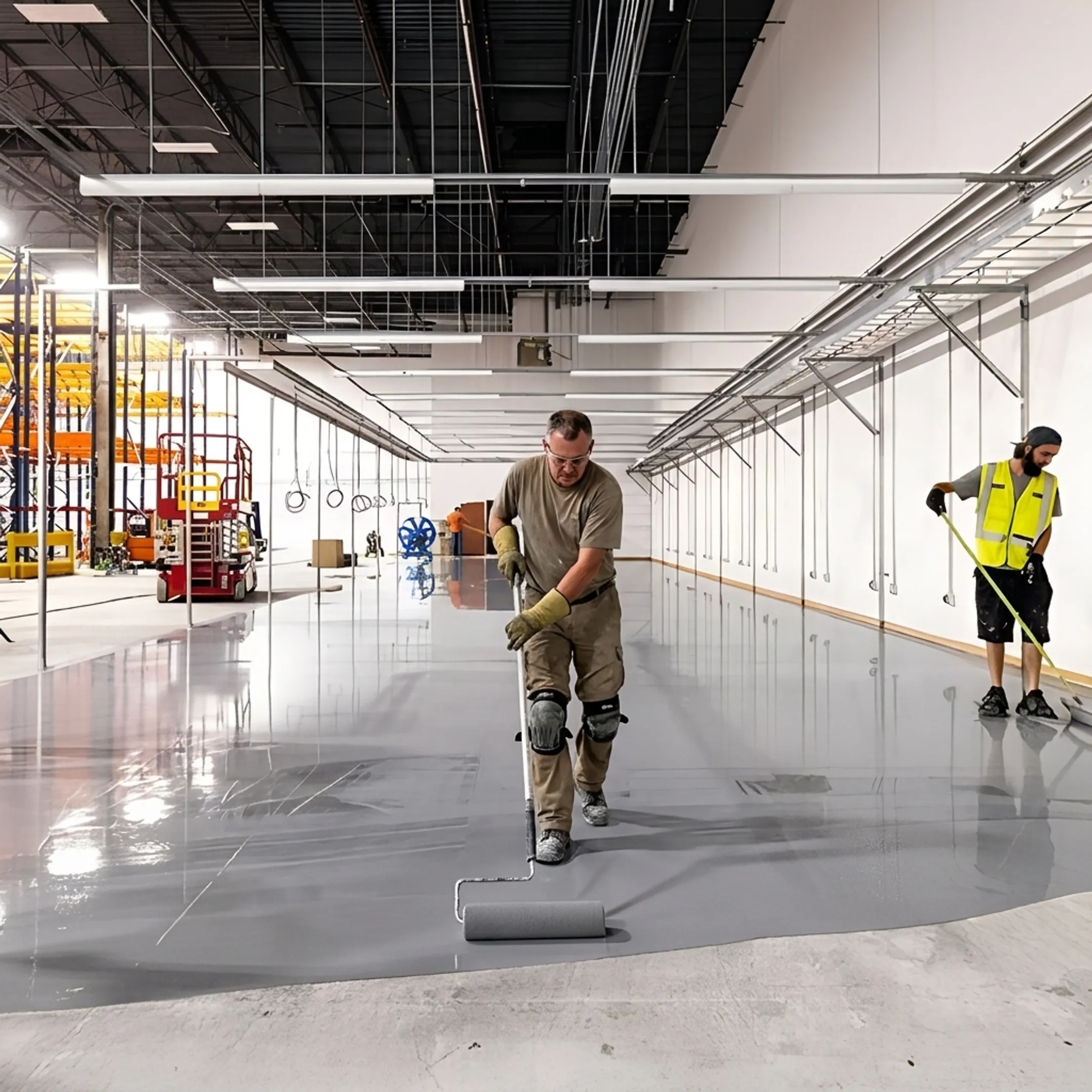 Contractor applying epoxy coating to concrete