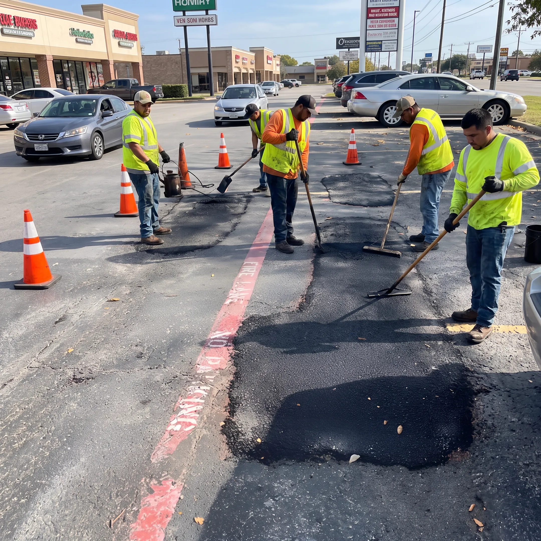 Commercial crew repairing an asphalt parking lot