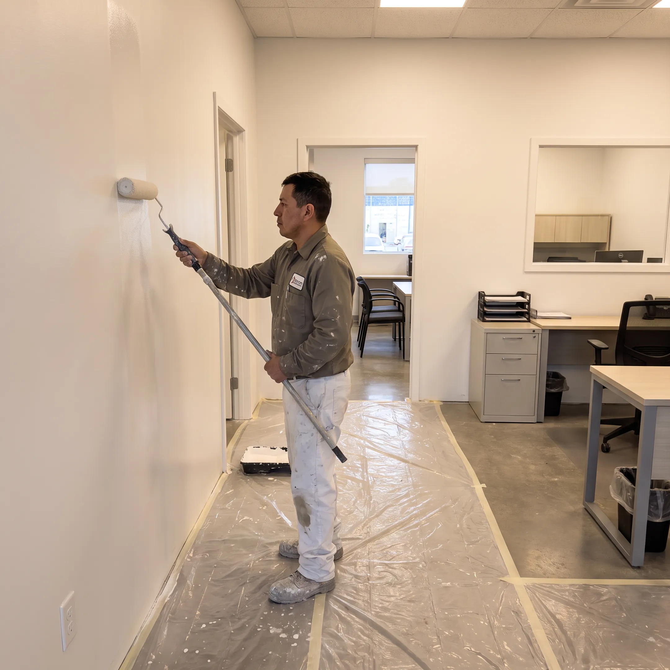 Painter applying finish to a commercial office wall