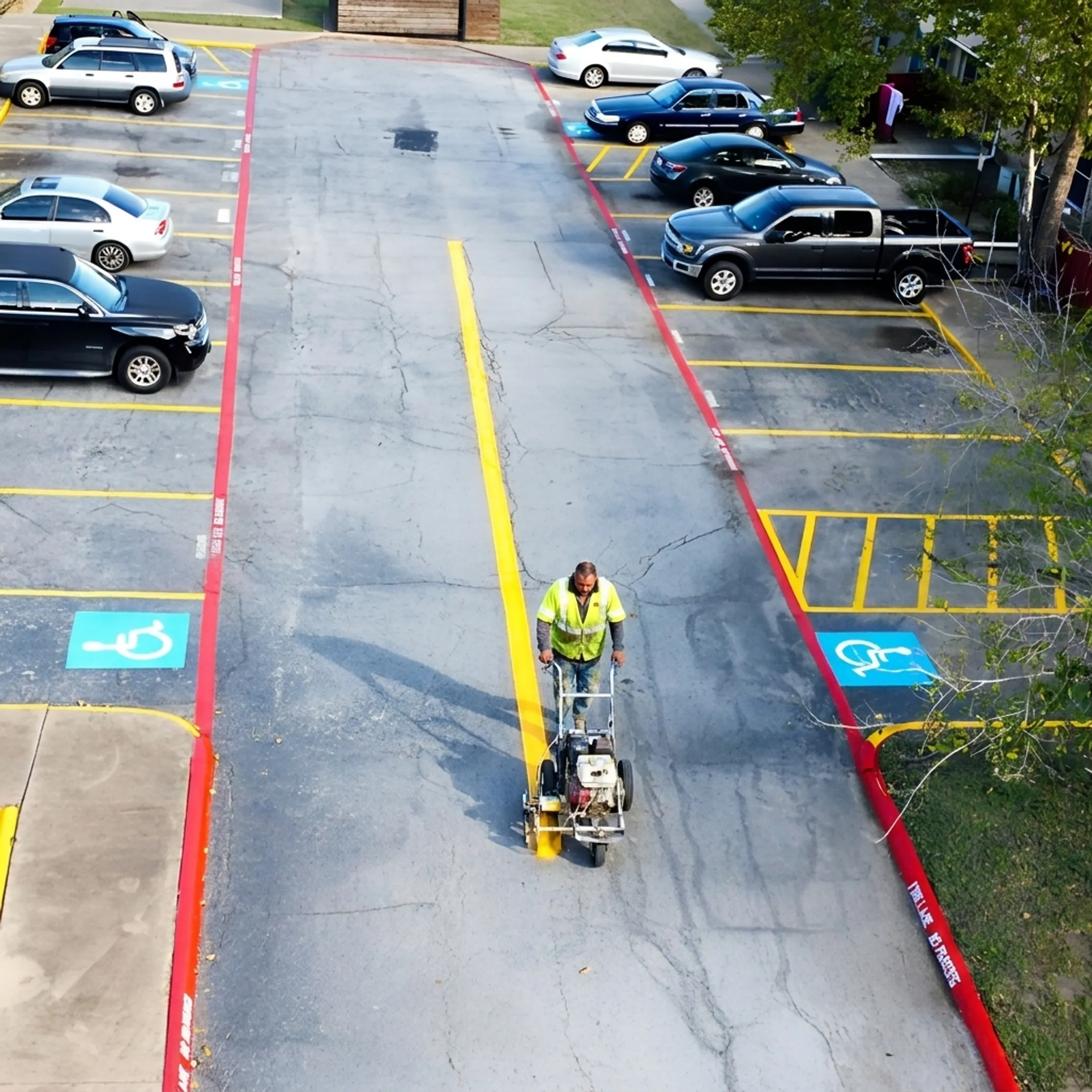 Crew applying parking lot striping paint