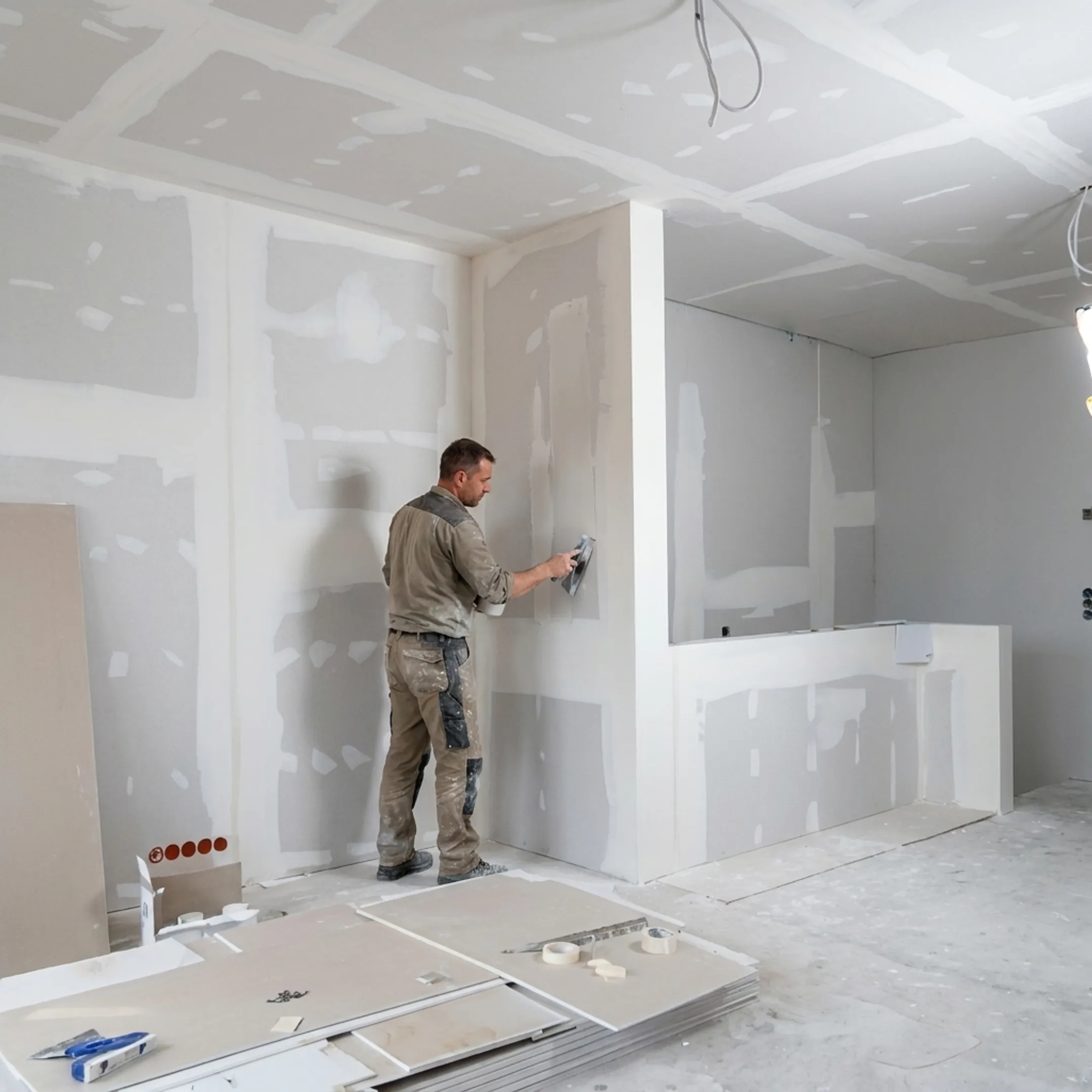 Drywall contractor finishing a commercial wall