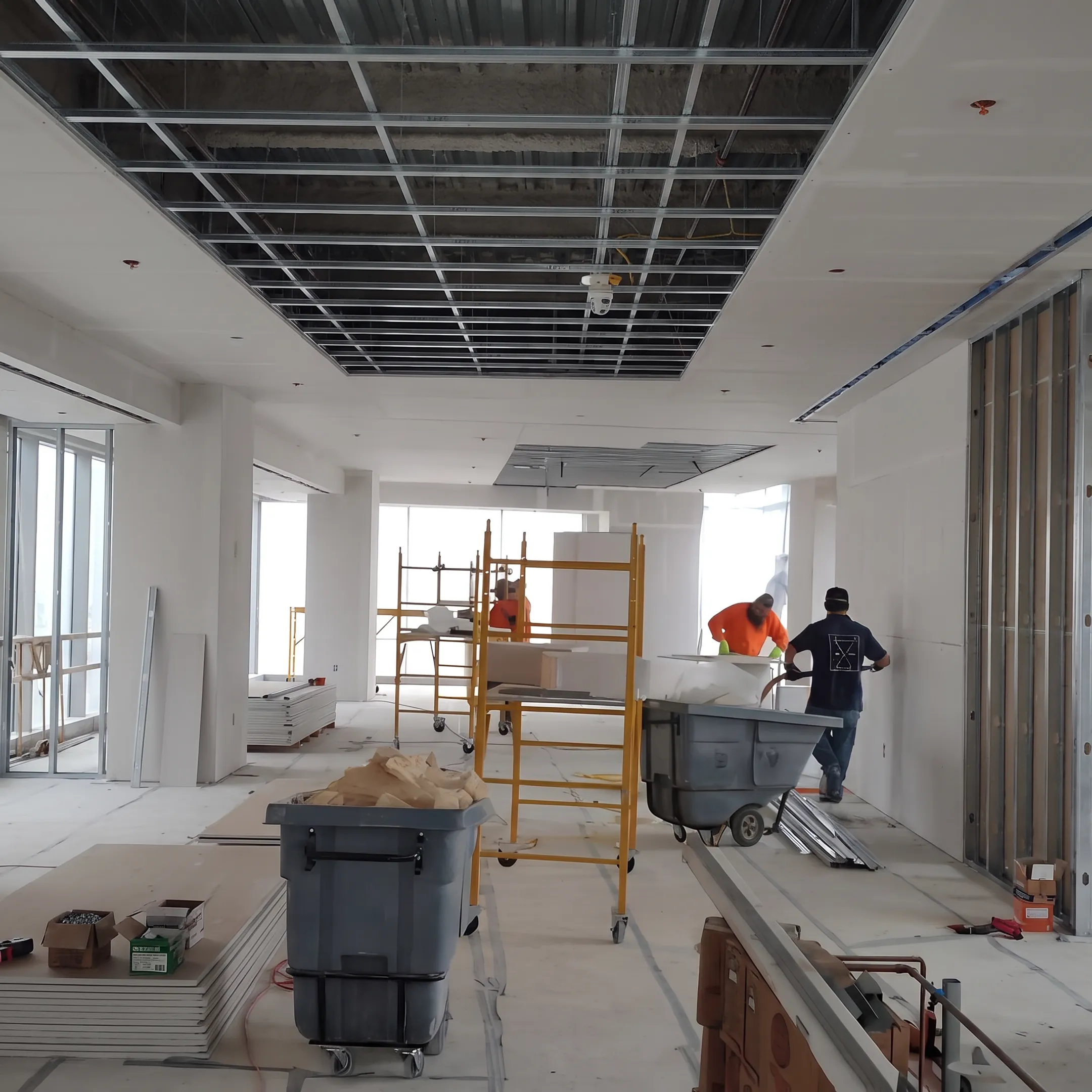 Contractor installing drywall panels in a commercial interior