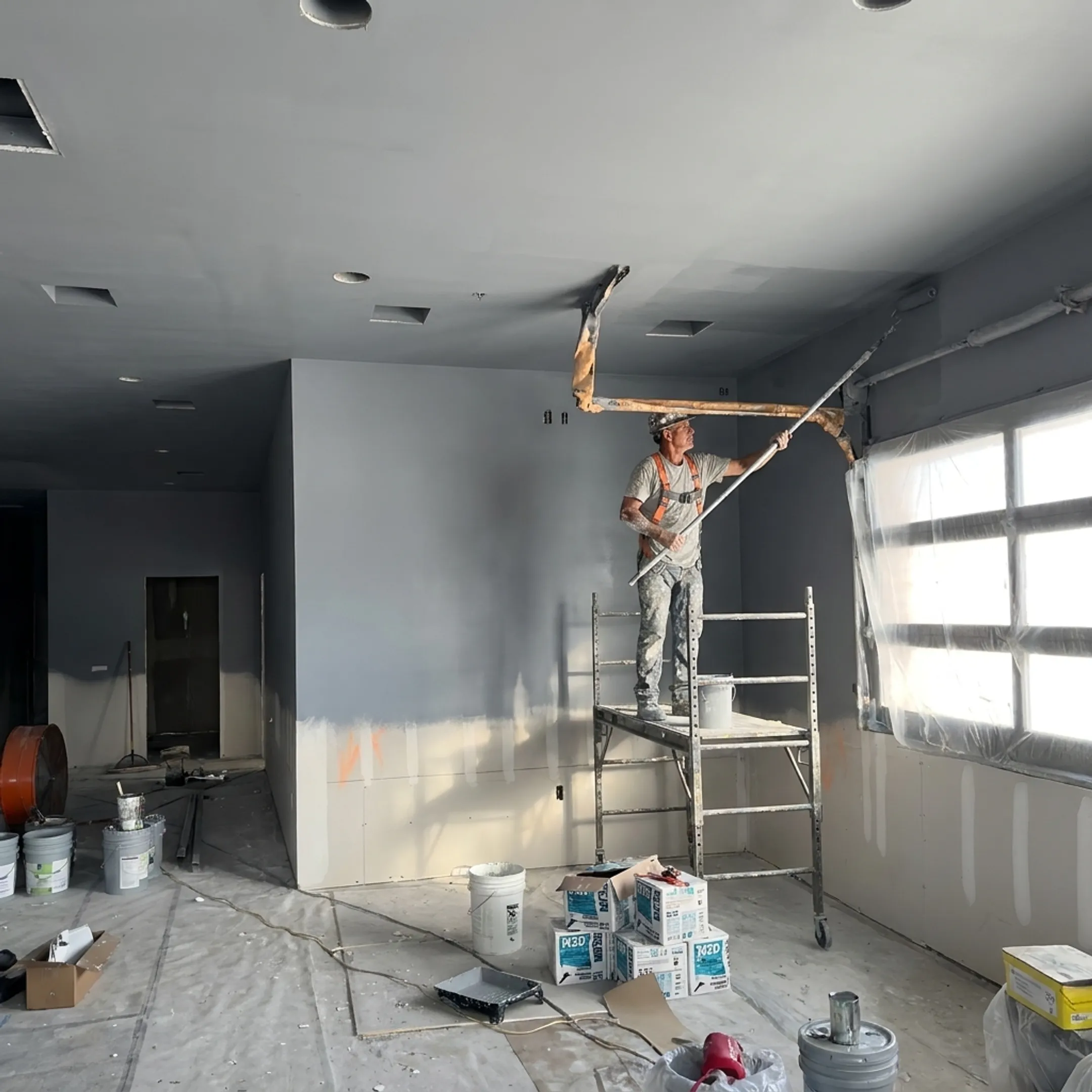 Painter coating a commercial exterior wall