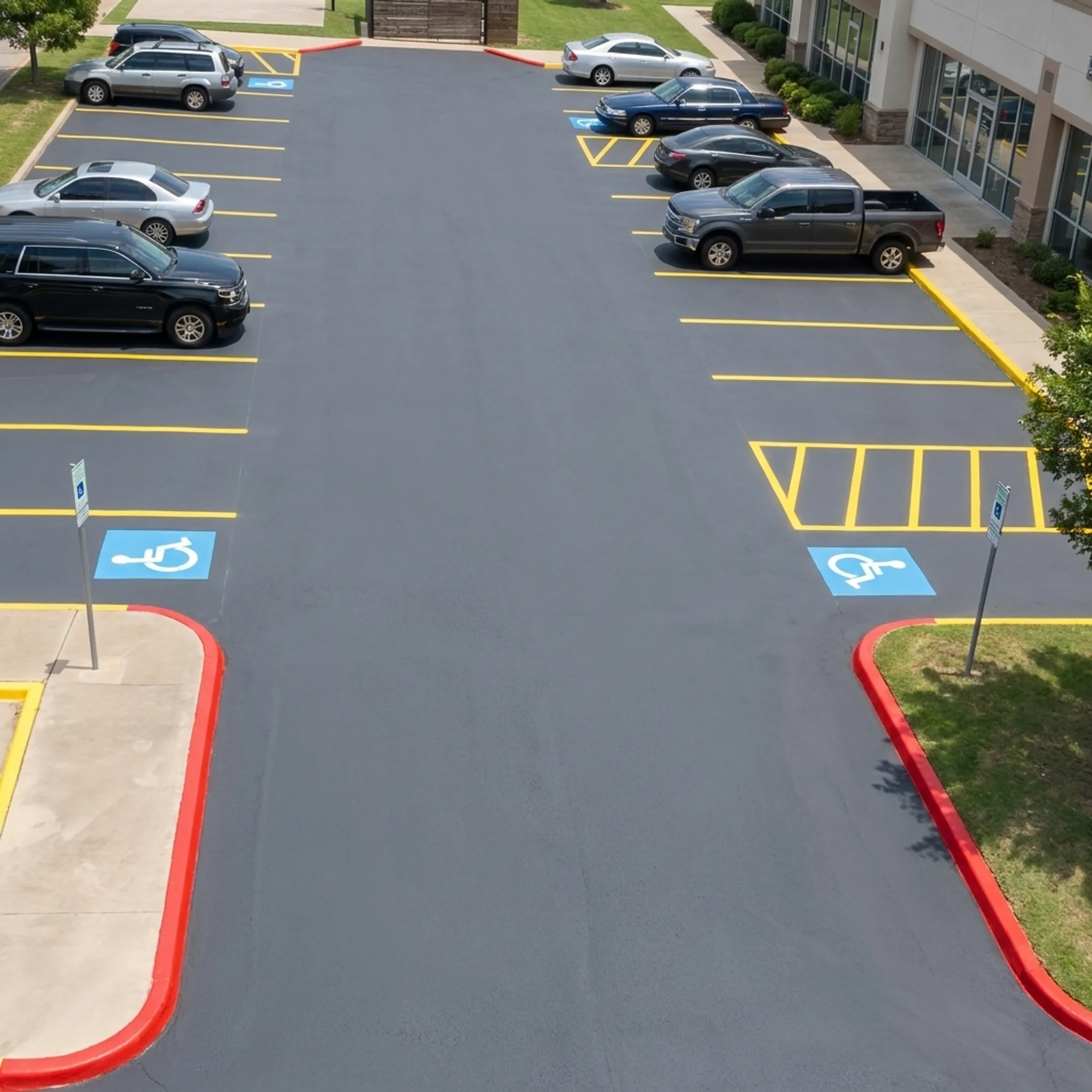 Freshly repaired commercial parking lot
