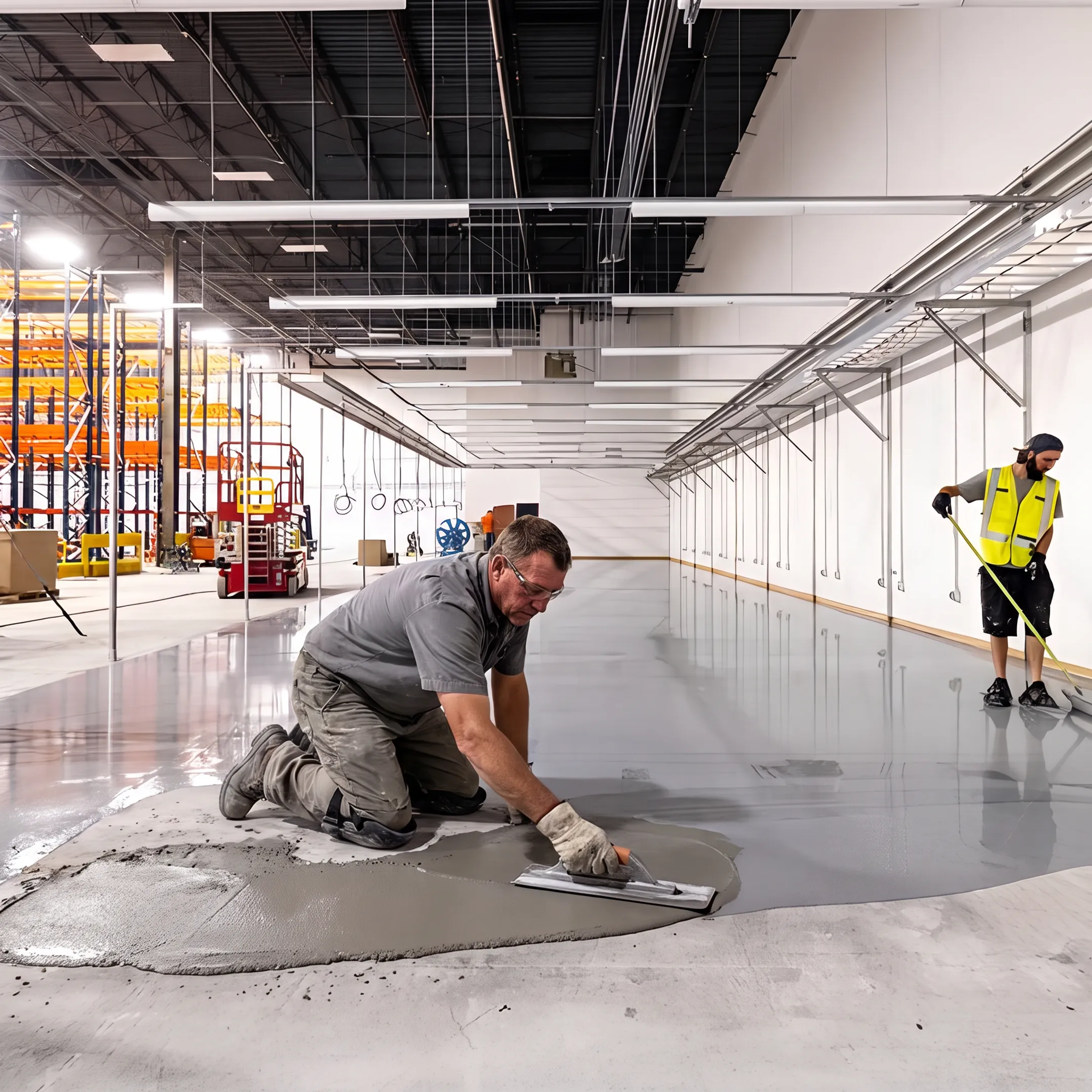 Contractor repairing and leveling a commercial concrete floor