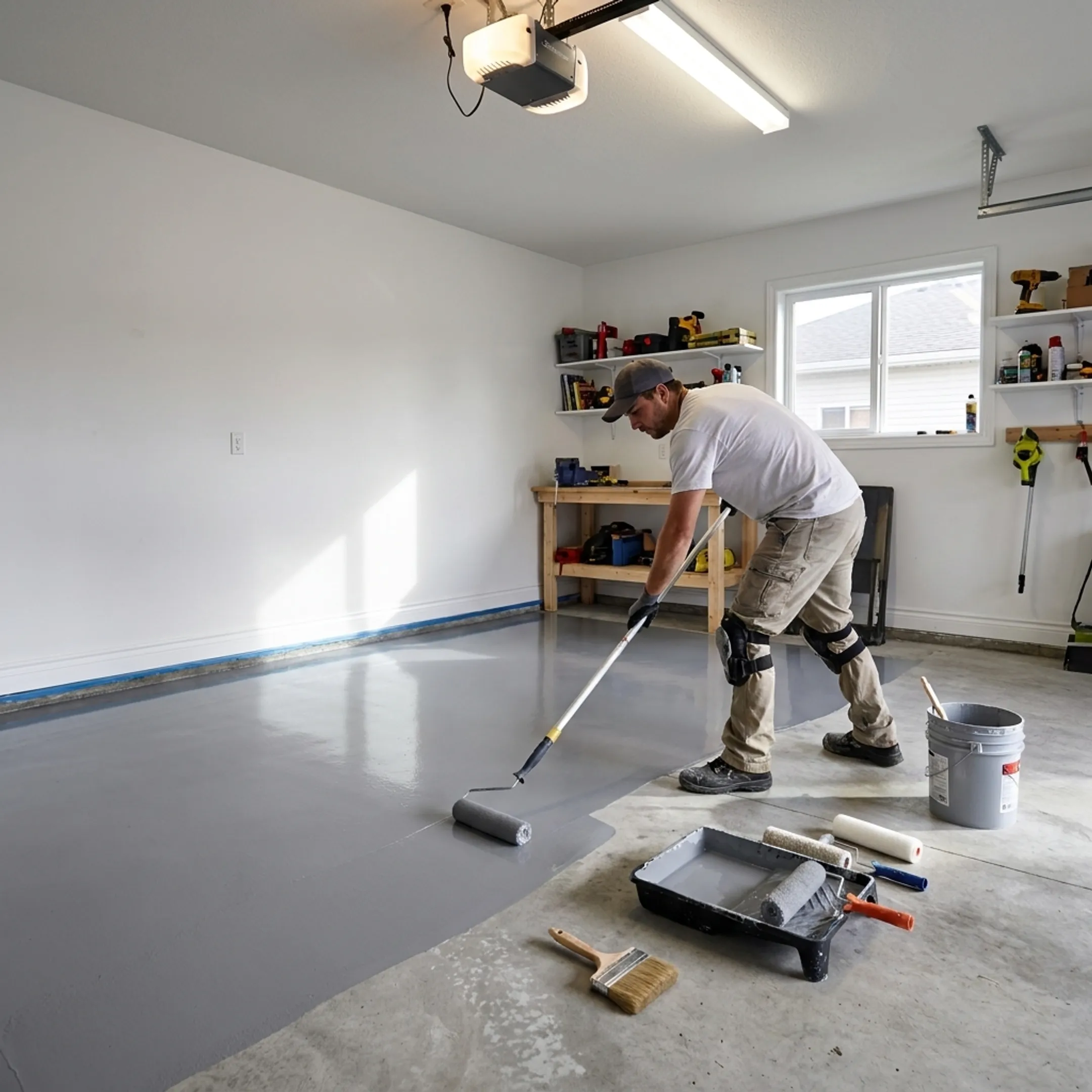 Contractor applying garage floor coating
