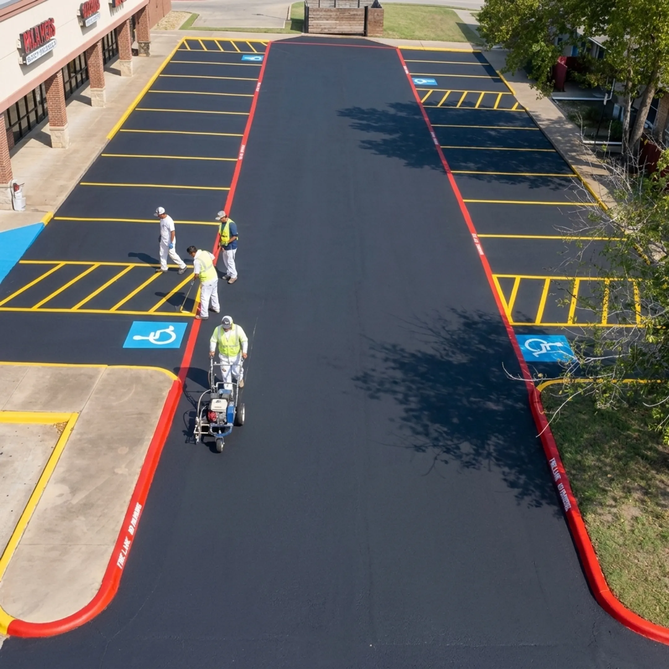 Freshly sealed commercial parking lot surface