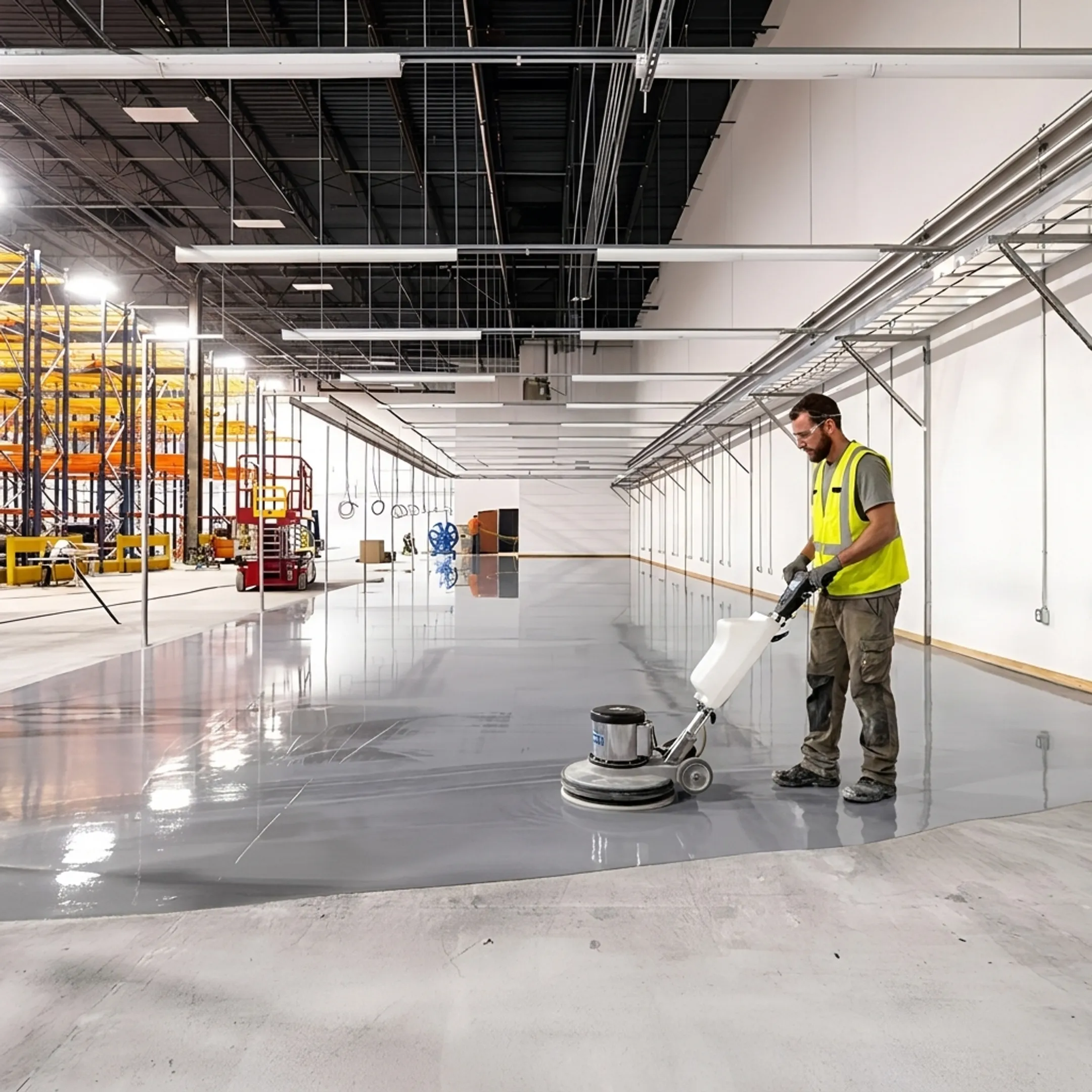 Technician polishing a commercial concrete floor
