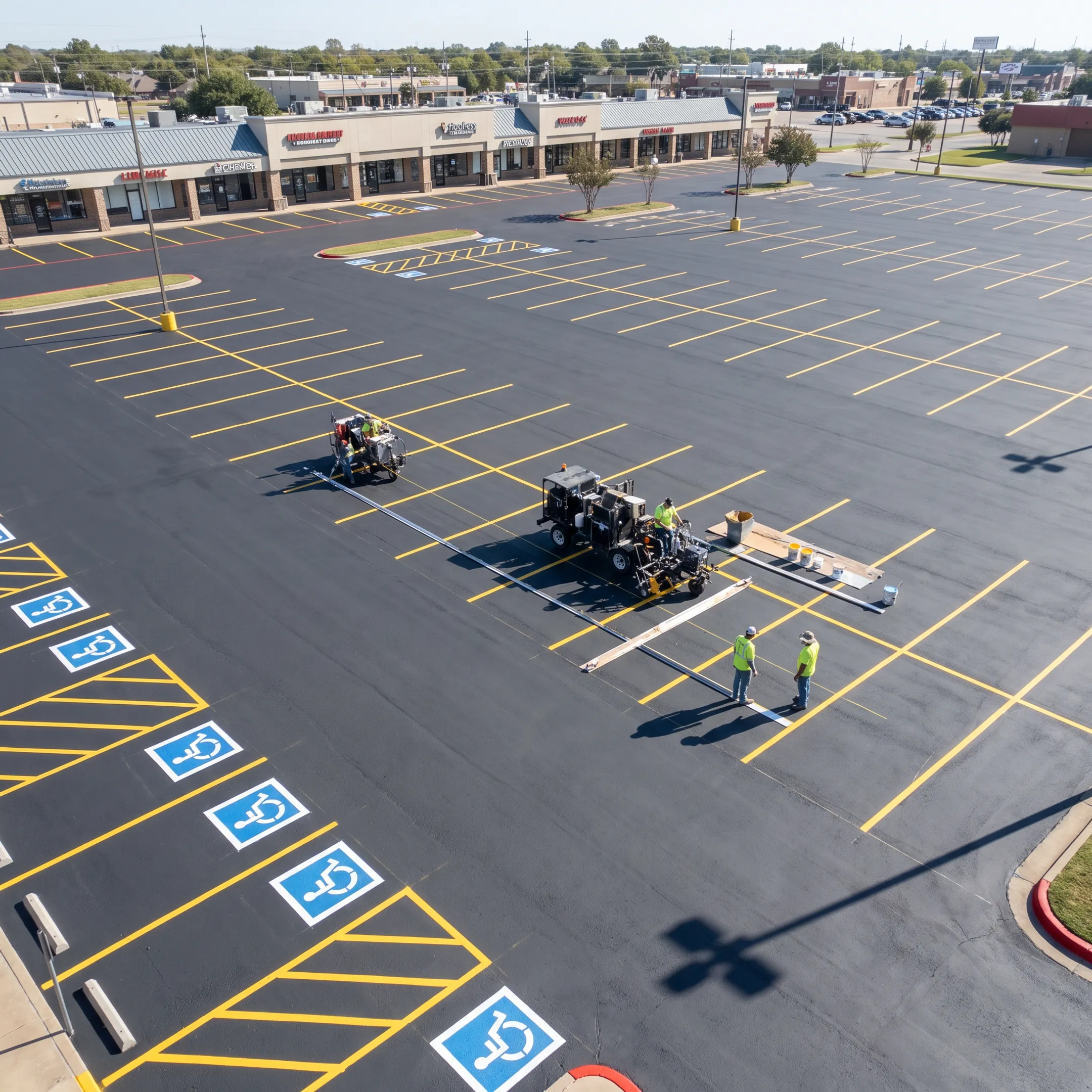 Freshly maintained commercial asphalt parking lot