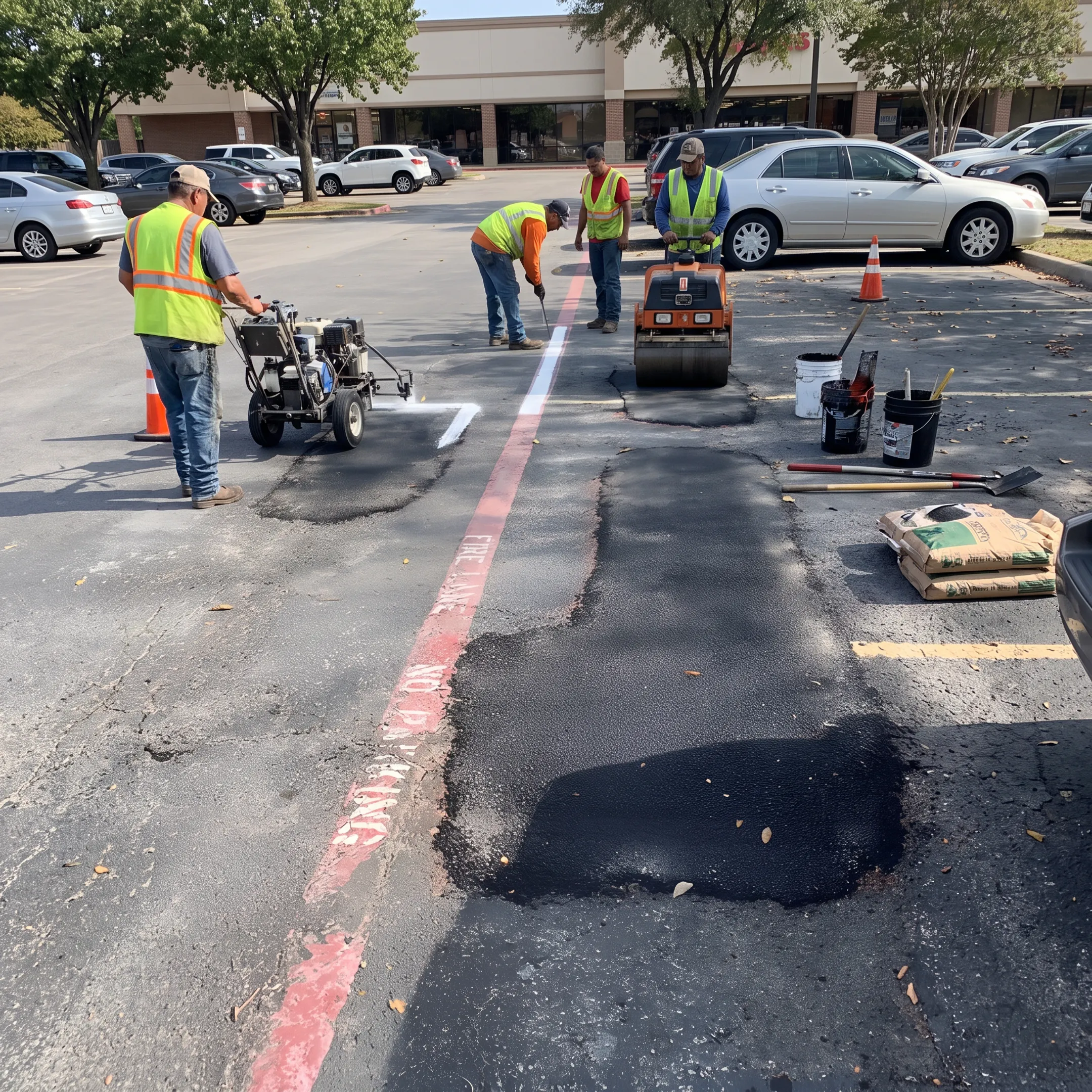 Freshly repaired commercial parking lot with clear striping
