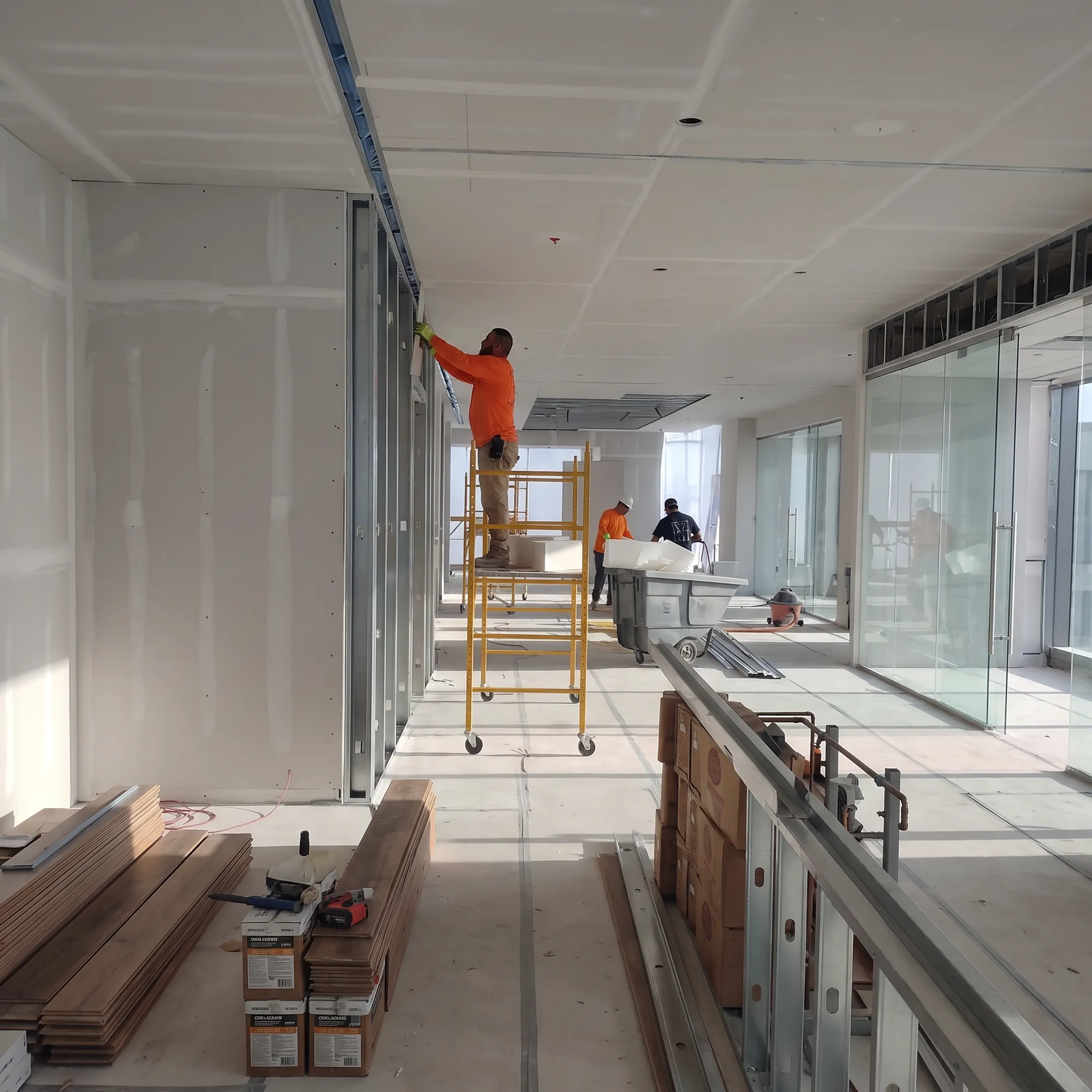 Commercial team renovating a modern office interior