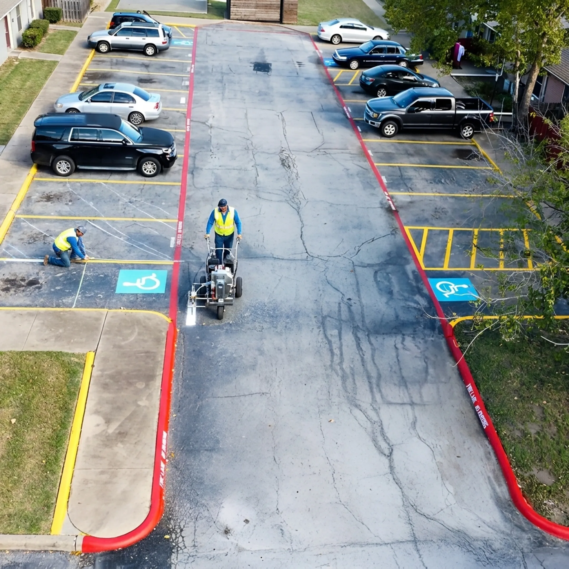 Crew laying out commercial parking lot stripes