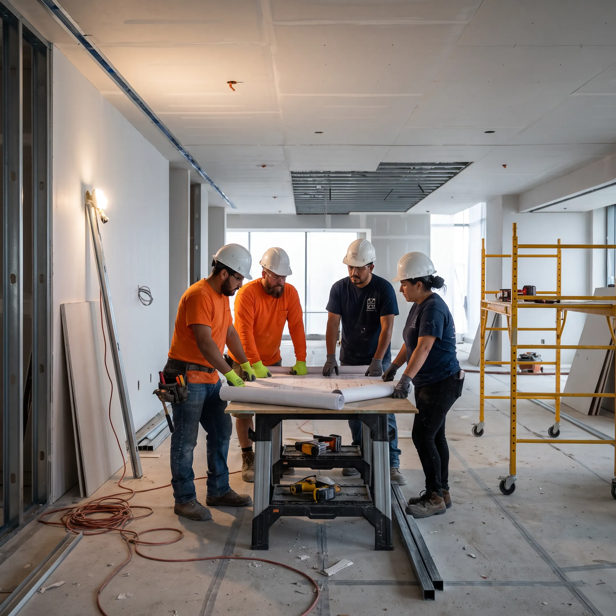 Commercial construction team improving a business interior