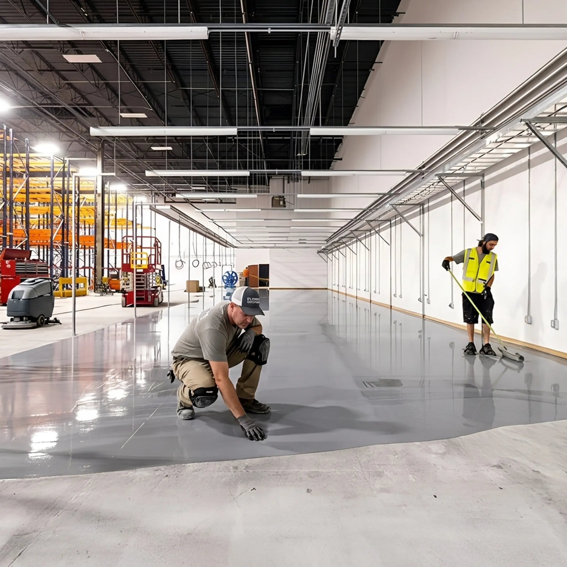 Contractor inspecting a polished concrete floor