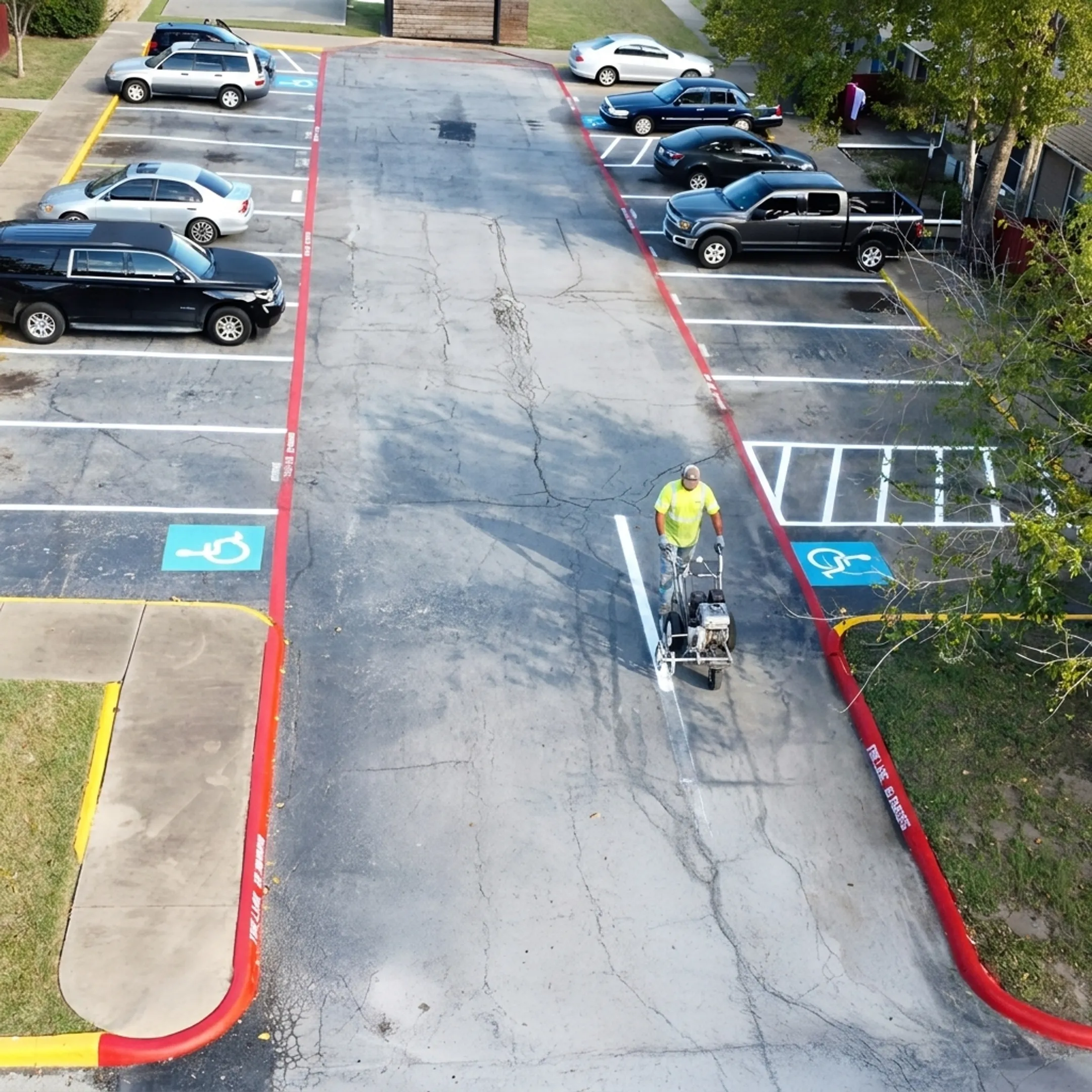 Crew applying parking lot line paint