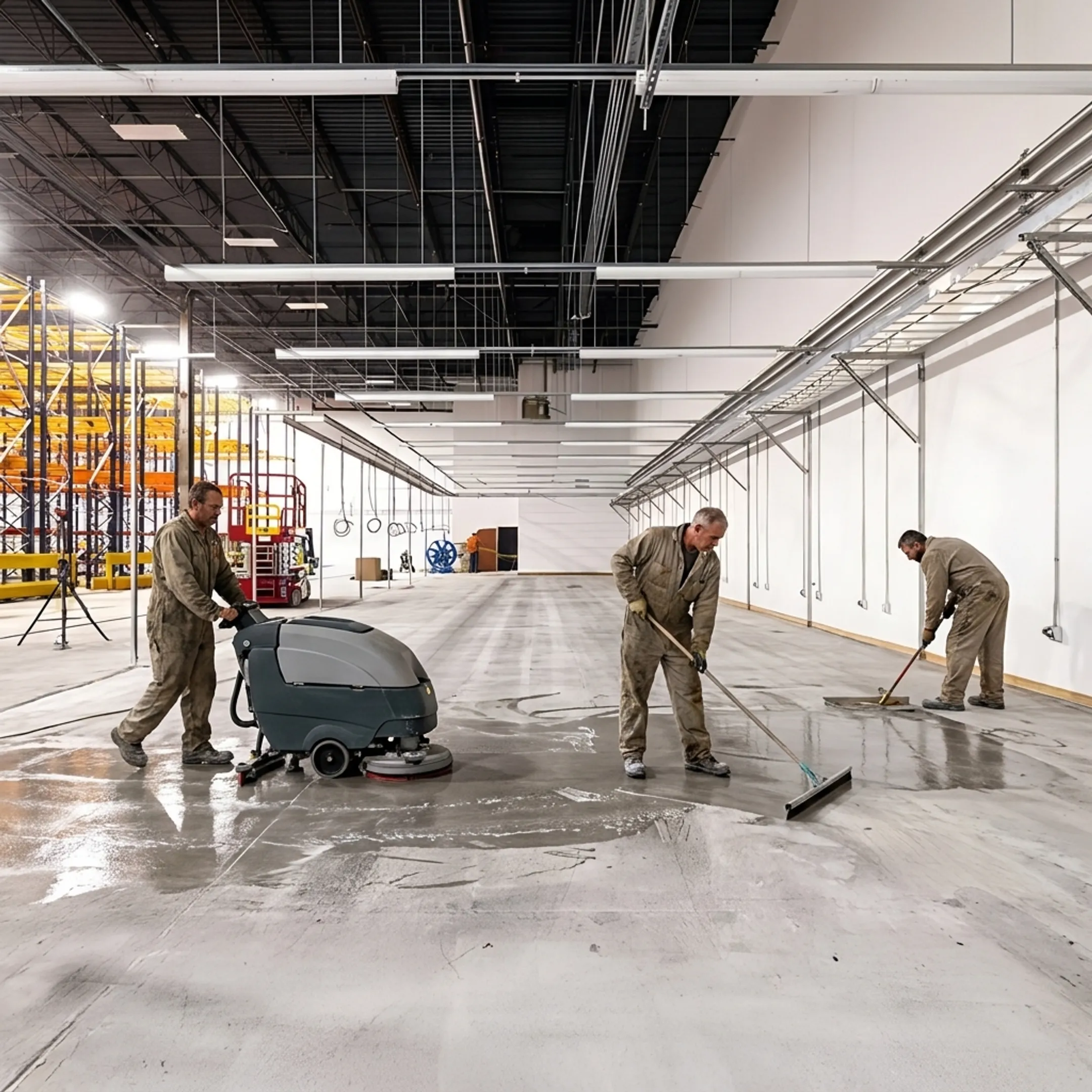 Crew preparing concrete for an epoxy floor coating