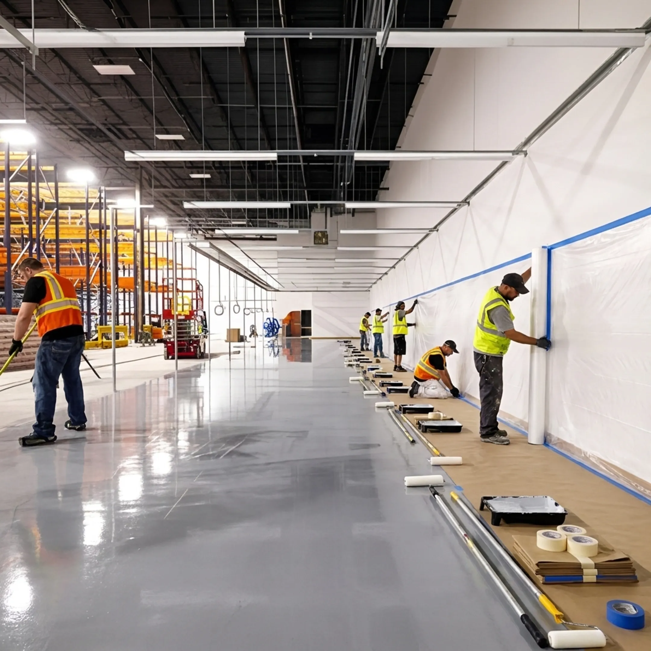 Industrial painting team preparing facility wall