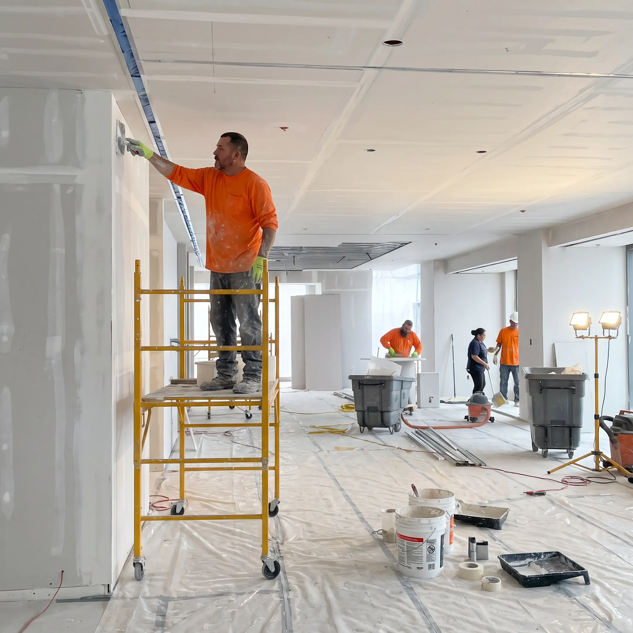 Commercial contractor finishing drywall in an office